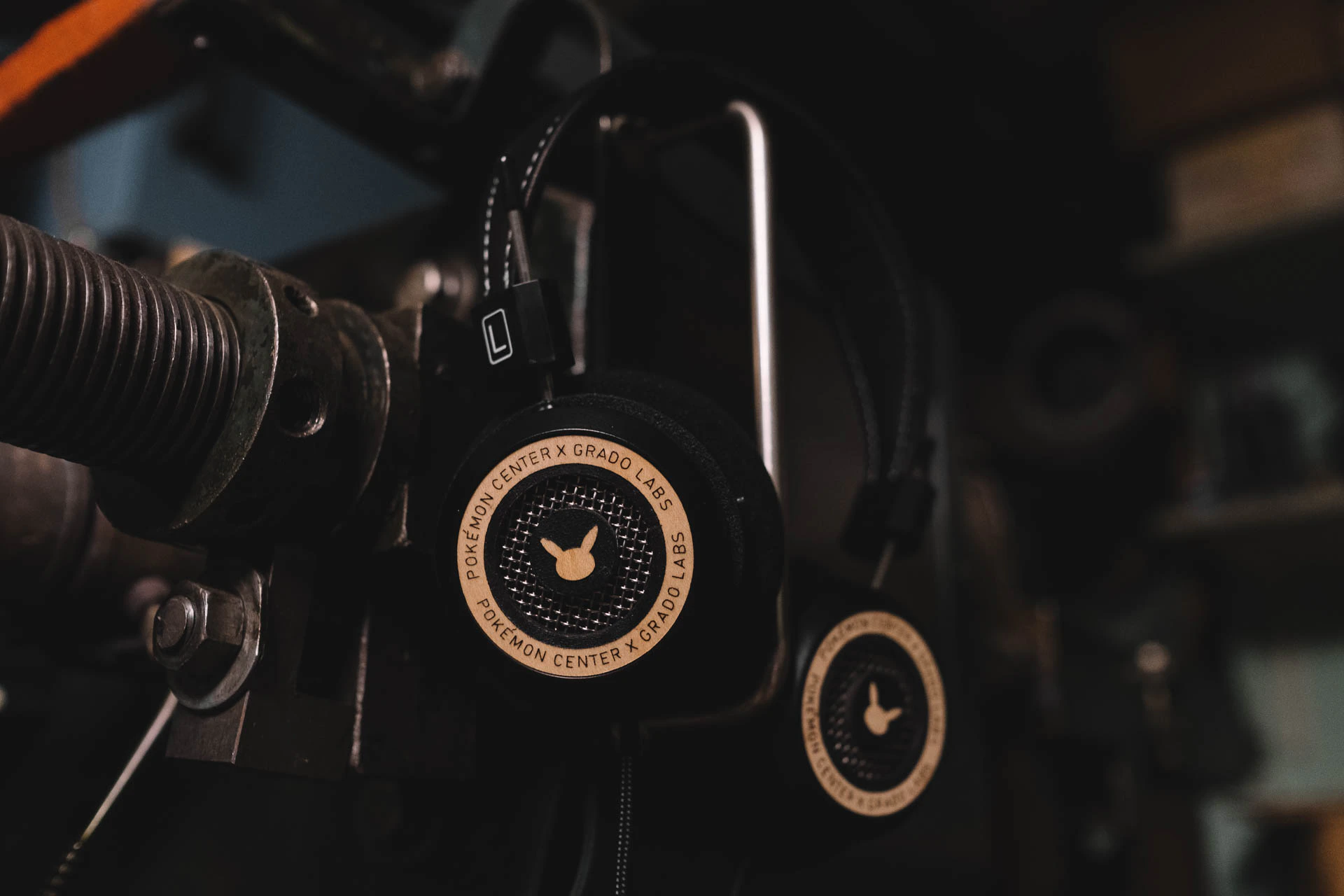 Grado Labs Pokémon metal headphones on the workbench