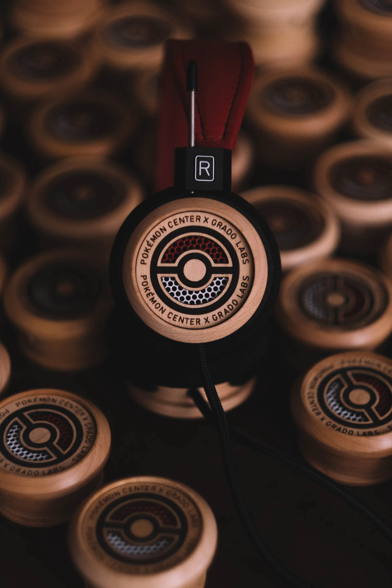 Grado Labs Pokémon wooden headphones on the workbench