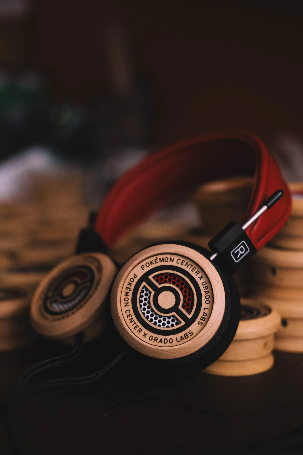 Grado Labs Pokémon wooden headphones on the workbench