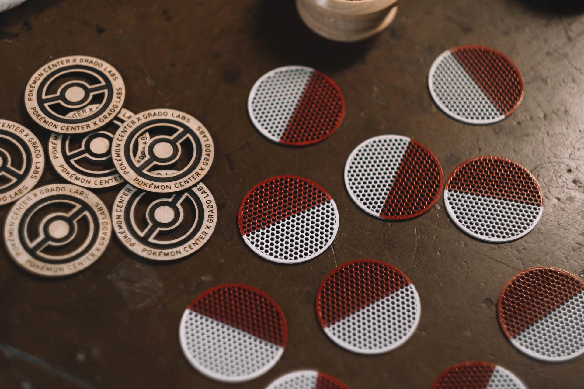 Grado Labs Pokémon wooden headphones on the workbench