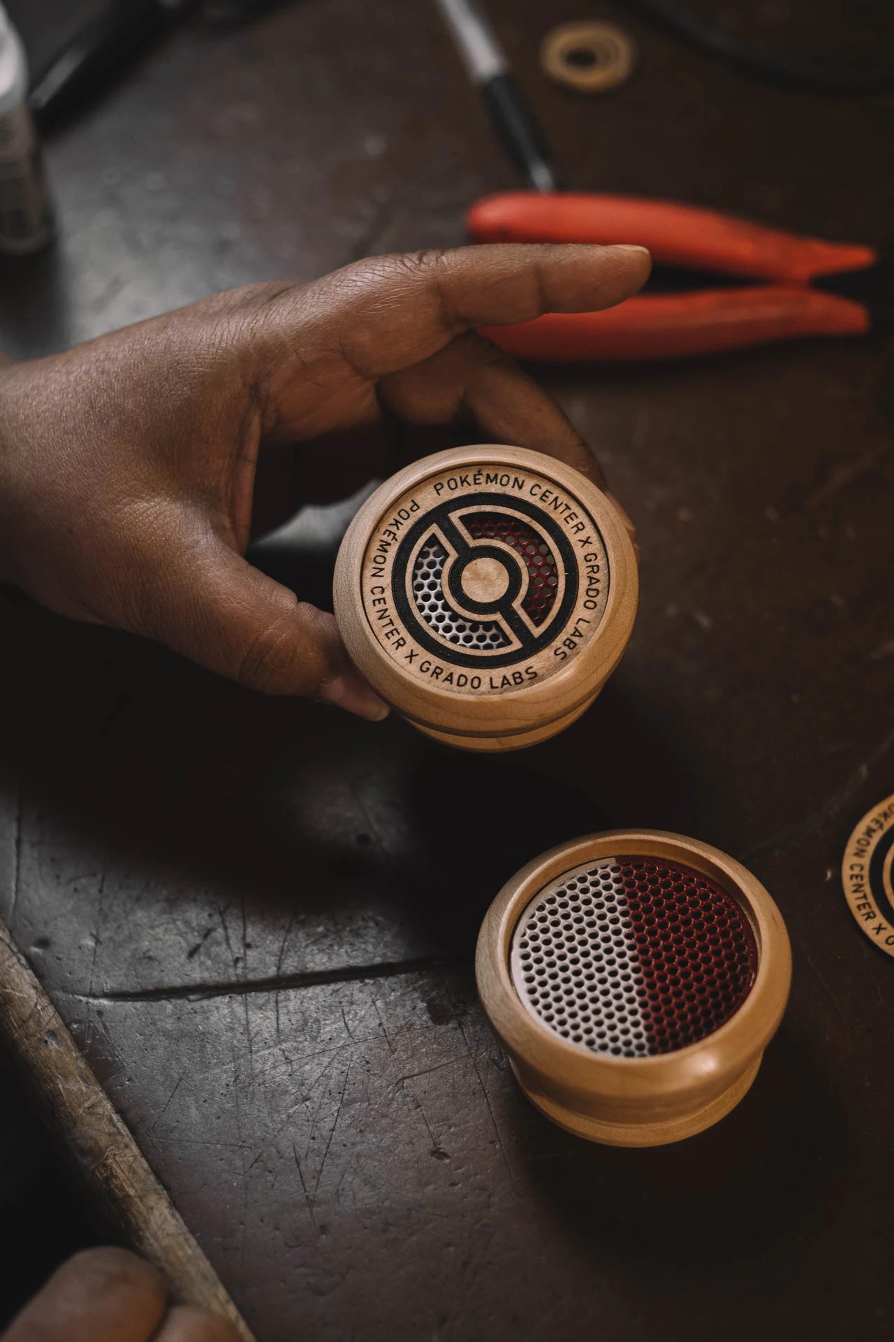 Grado Labs Pokémon wooden headphones on the workbench