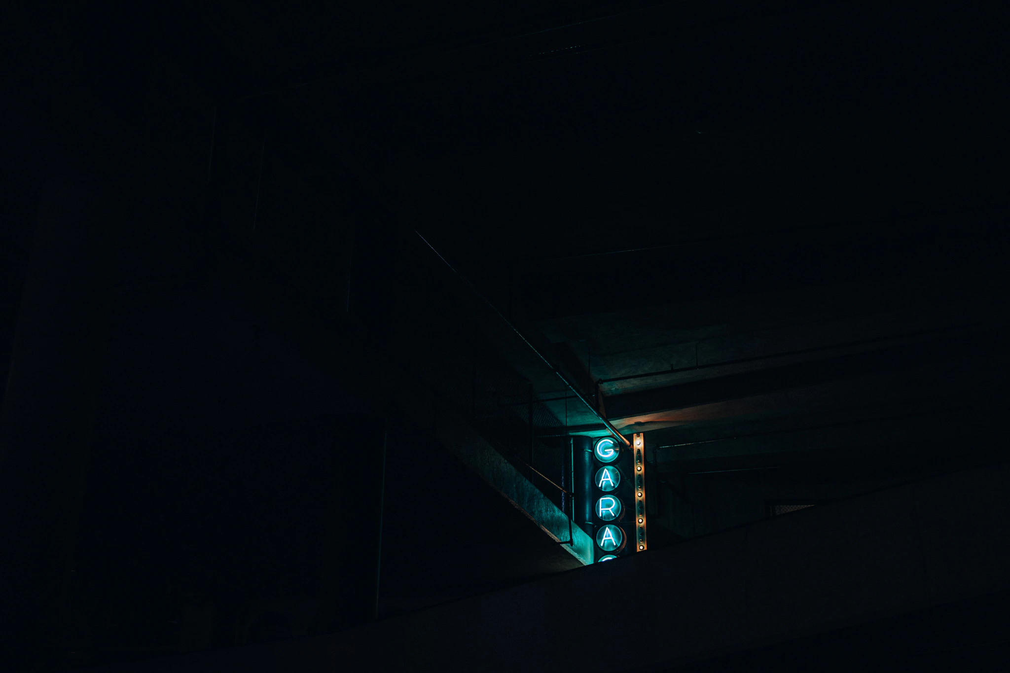 Neon garage sign in the dark partially showing the word gragae. No Free Parking from Jonathan Grado's Provided You're Still Here series.