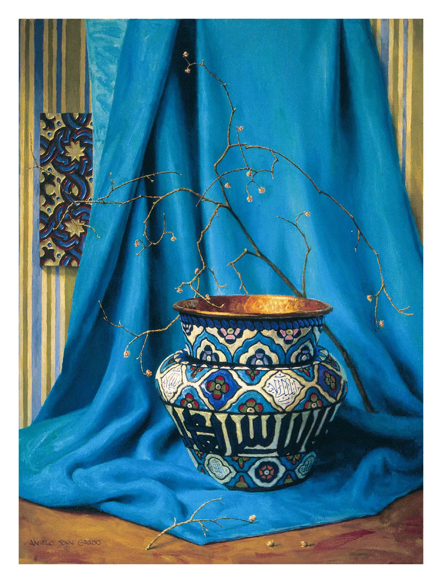 Composition Blue by Angelo John Grado, an oil still life of a vase and branches against a blue silk drape on a warm ochre table