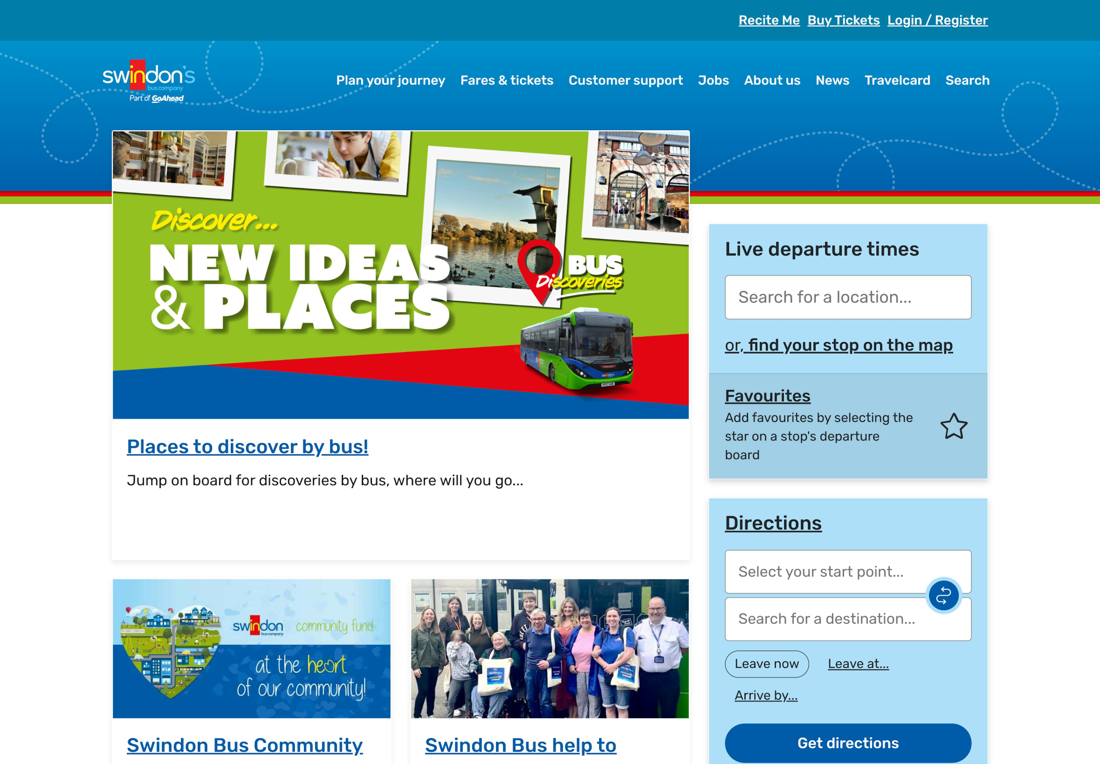 A screenshot of the Swindon Bus homepage