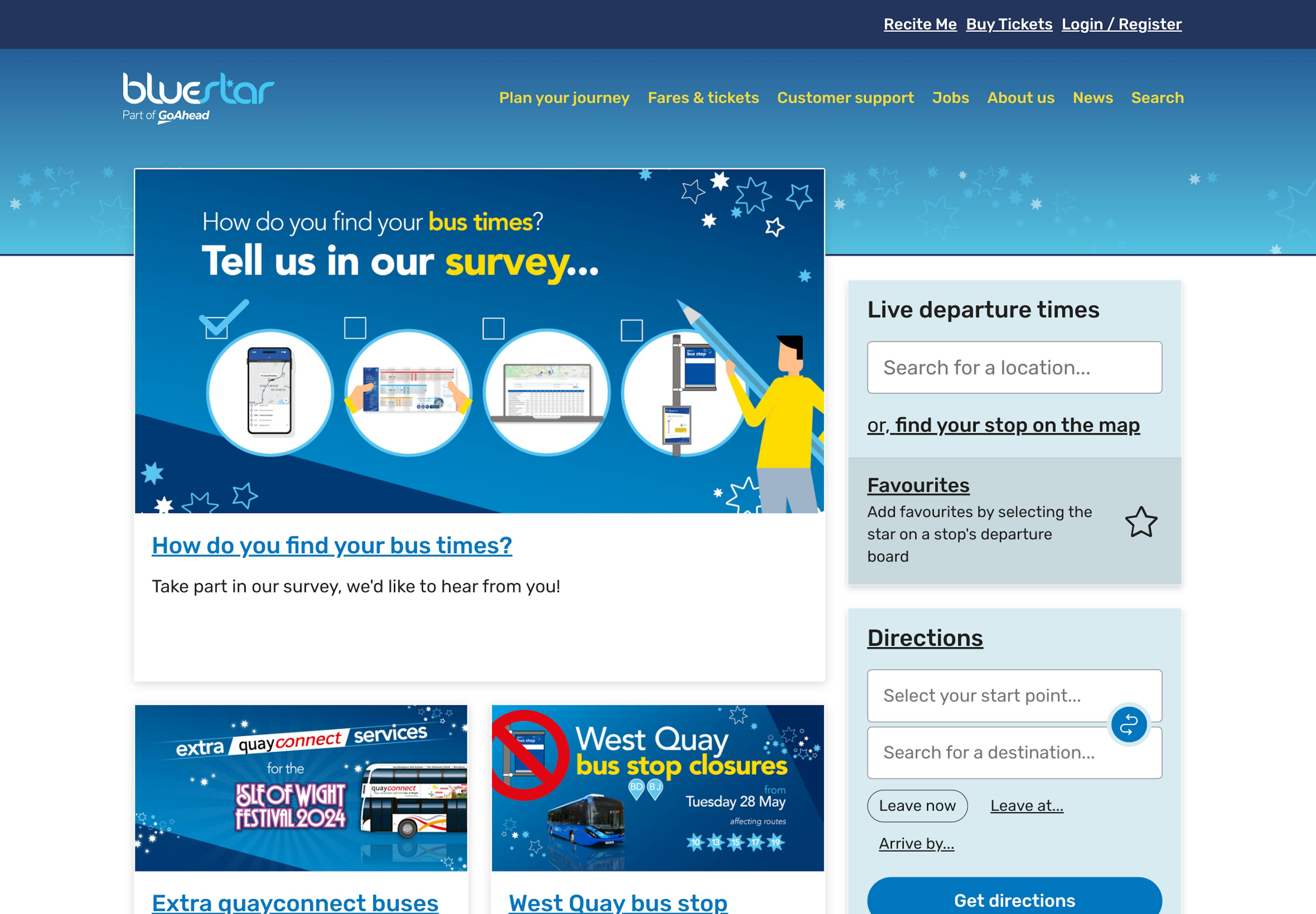 A screenshot of the Bluestar Bus homepage