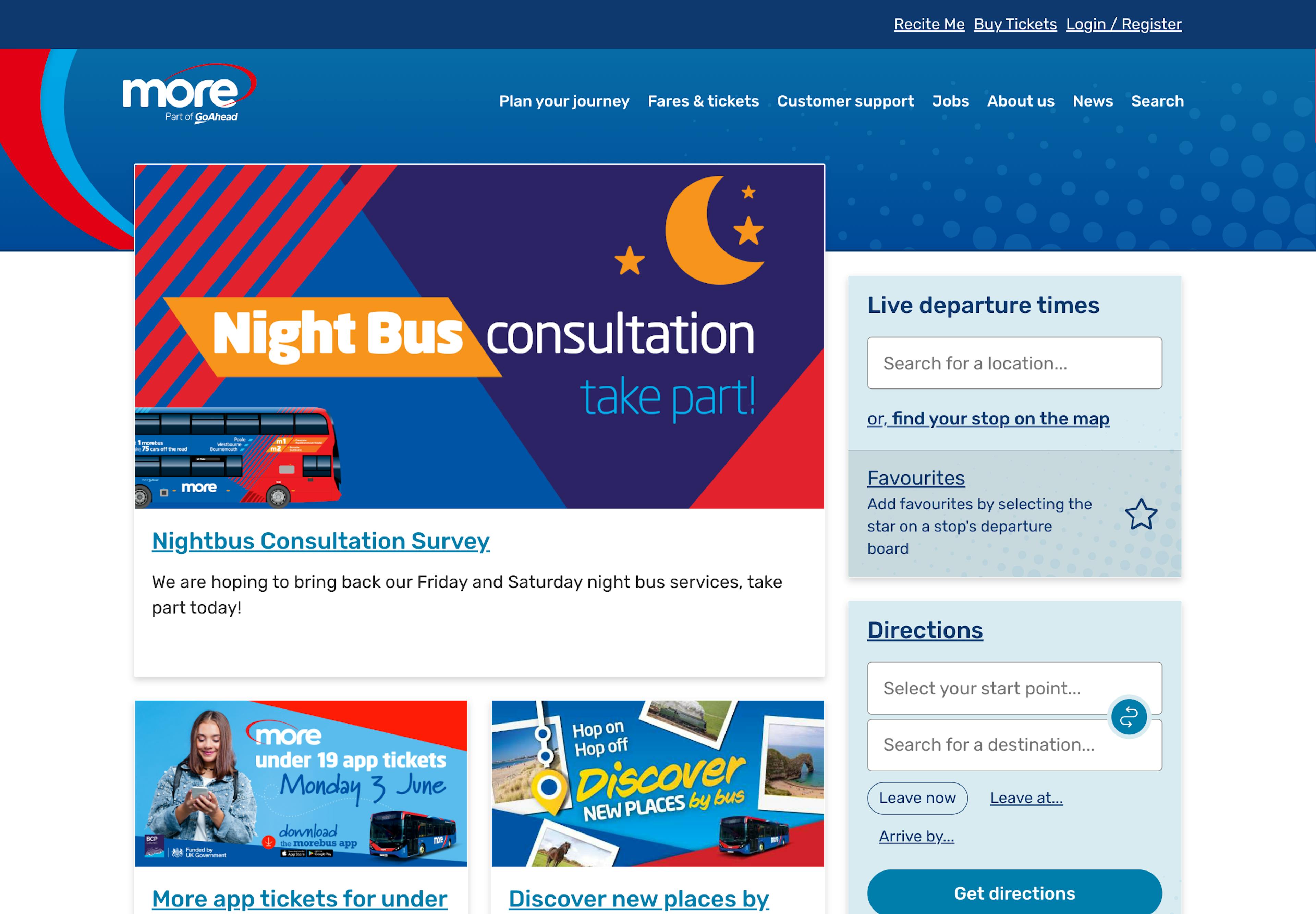 A screenshot of the Morebus homepage