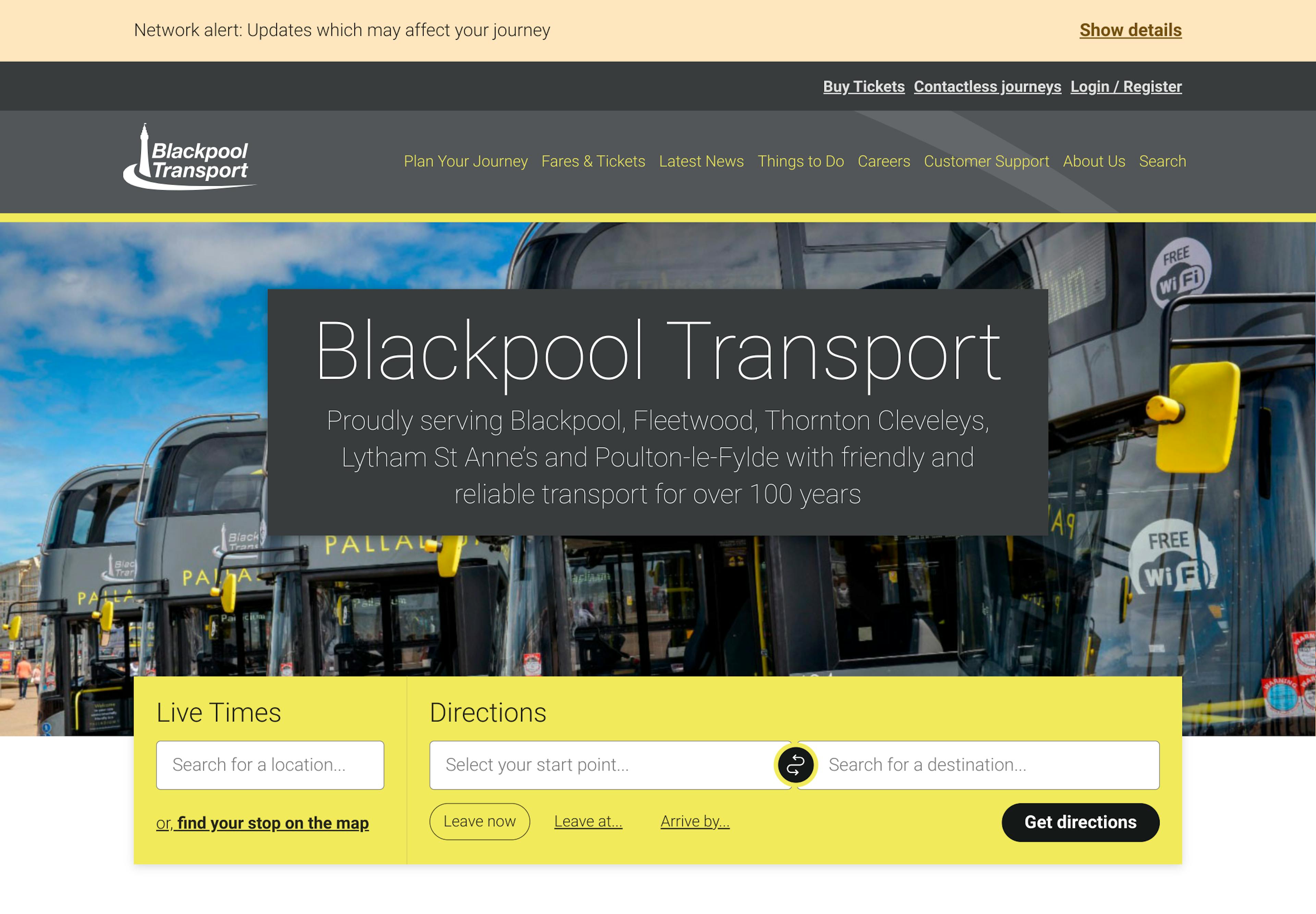A screenshot of the Blackpool Transport homepage
