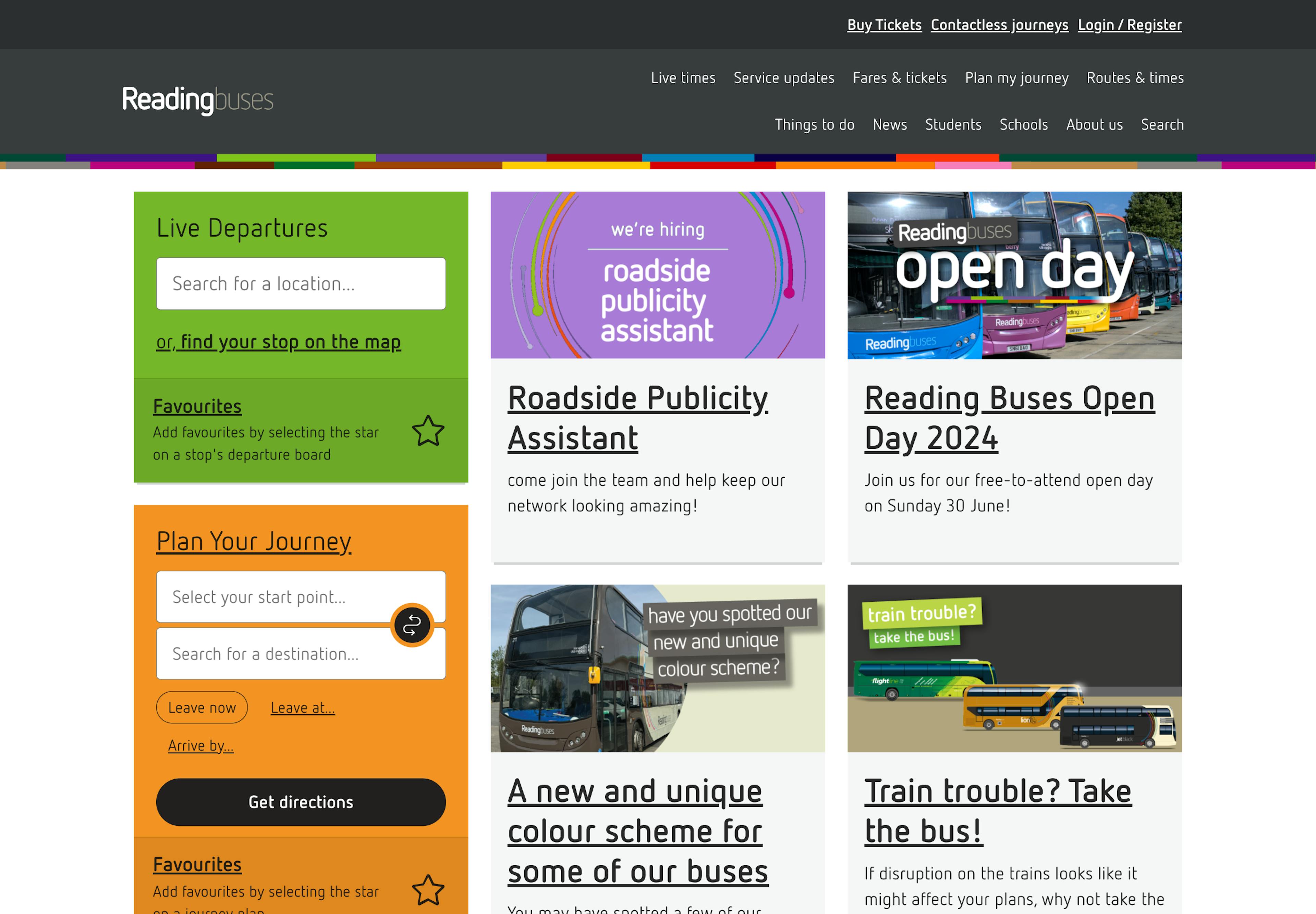 A screenshot of the Reading Buses homepage