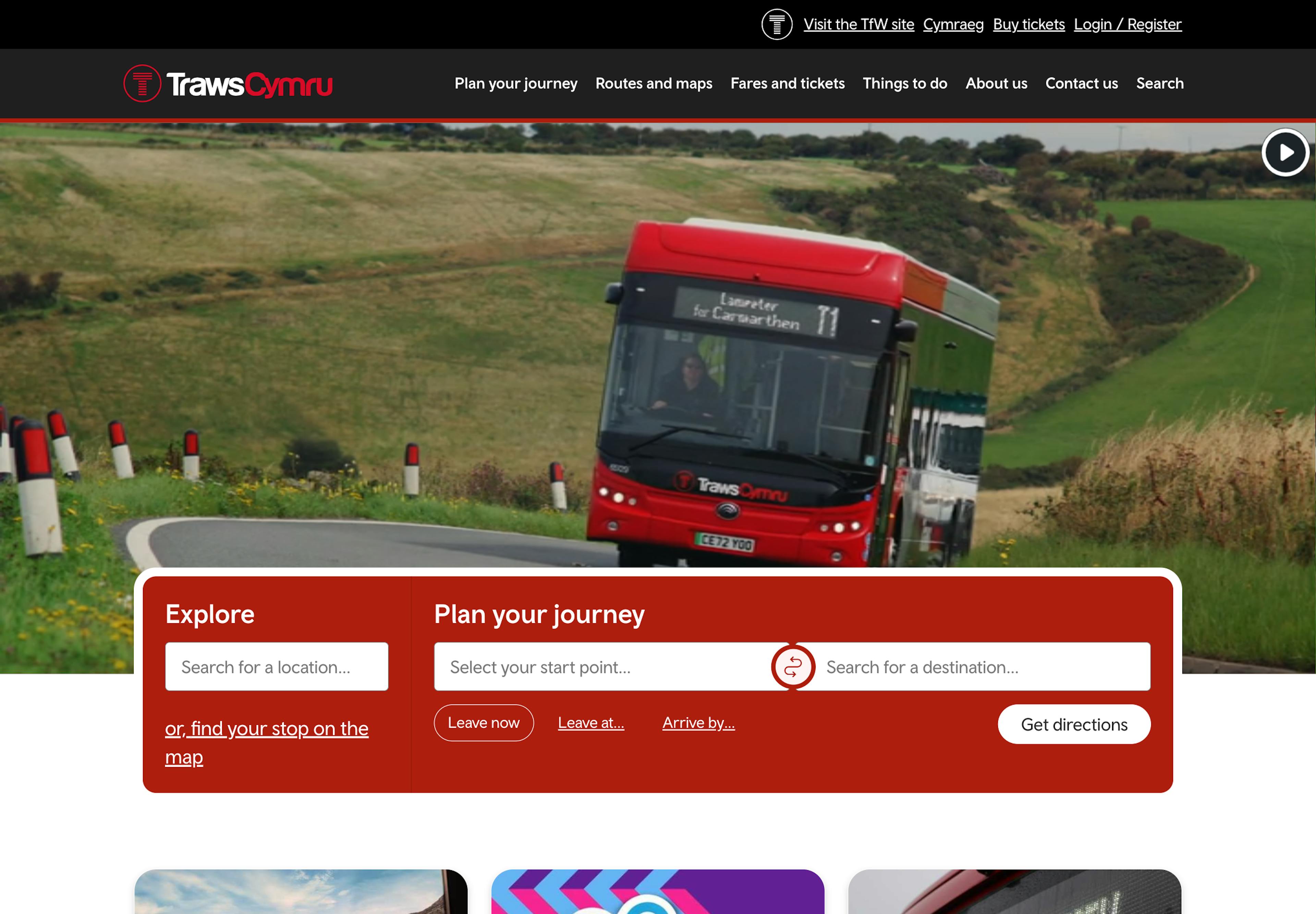 A screenshot of the Transport for Wales homepage