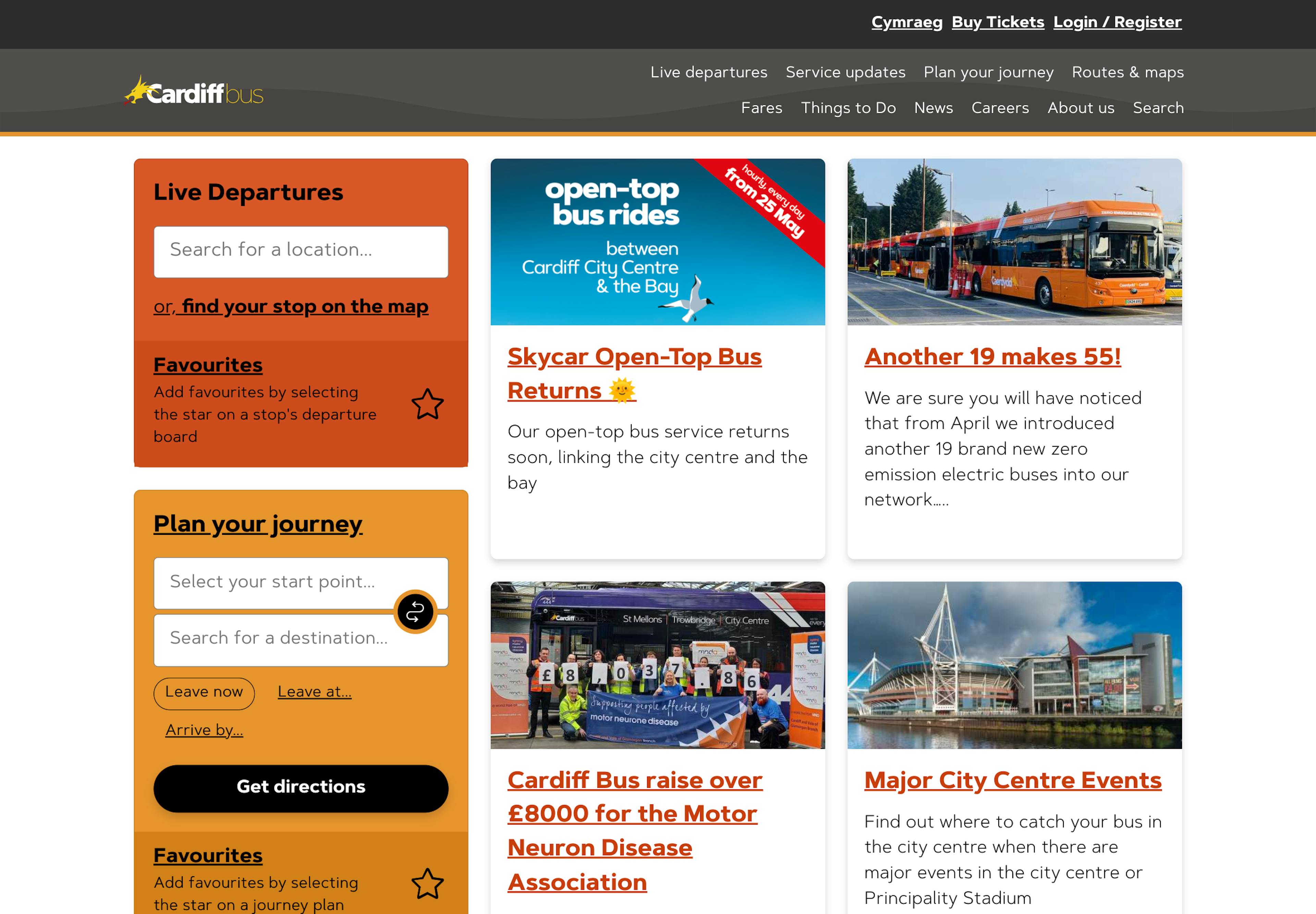 A screenshot of the Cardiff Bus homepage