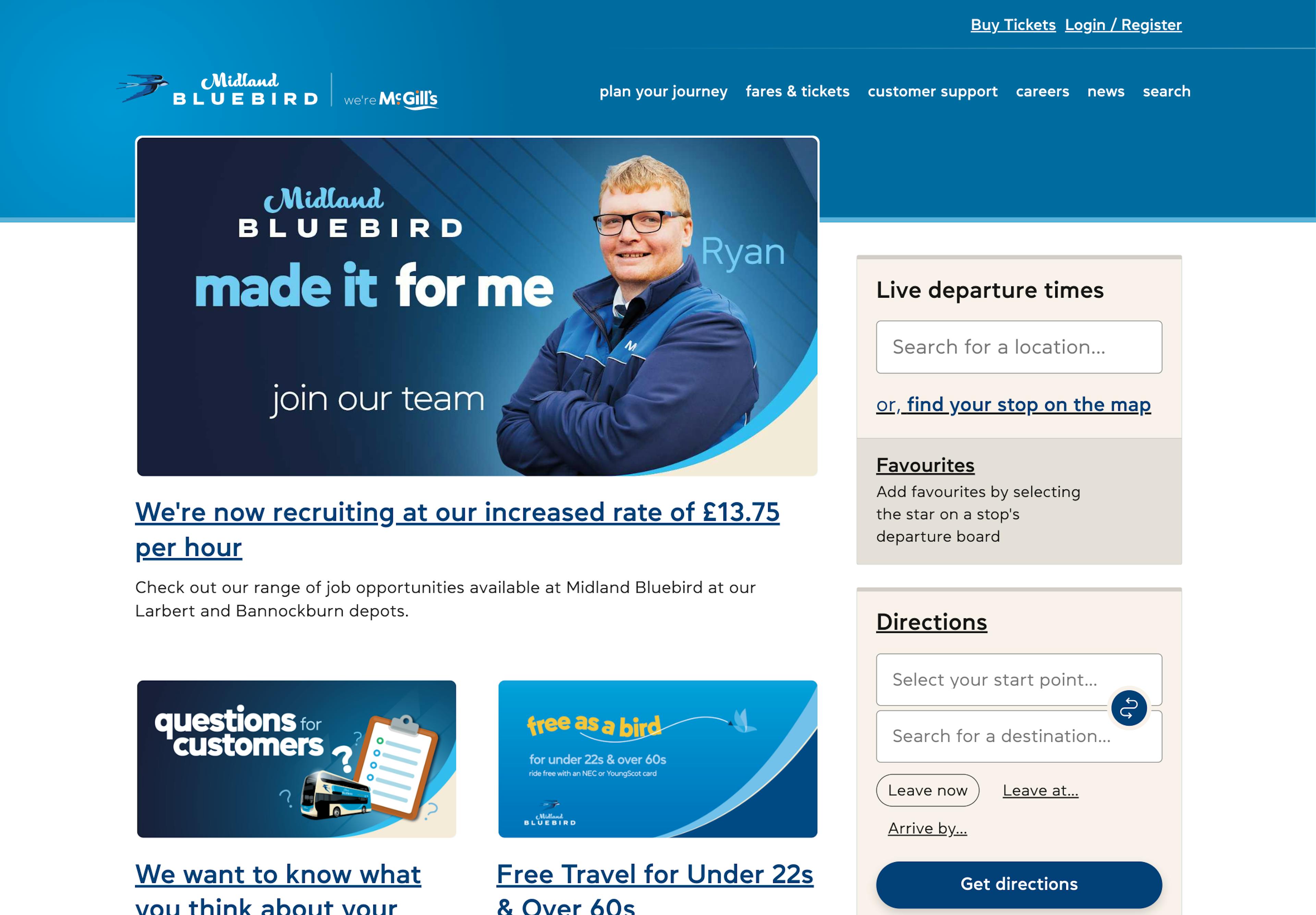 A screenshot of the Midland Bluebird homepage