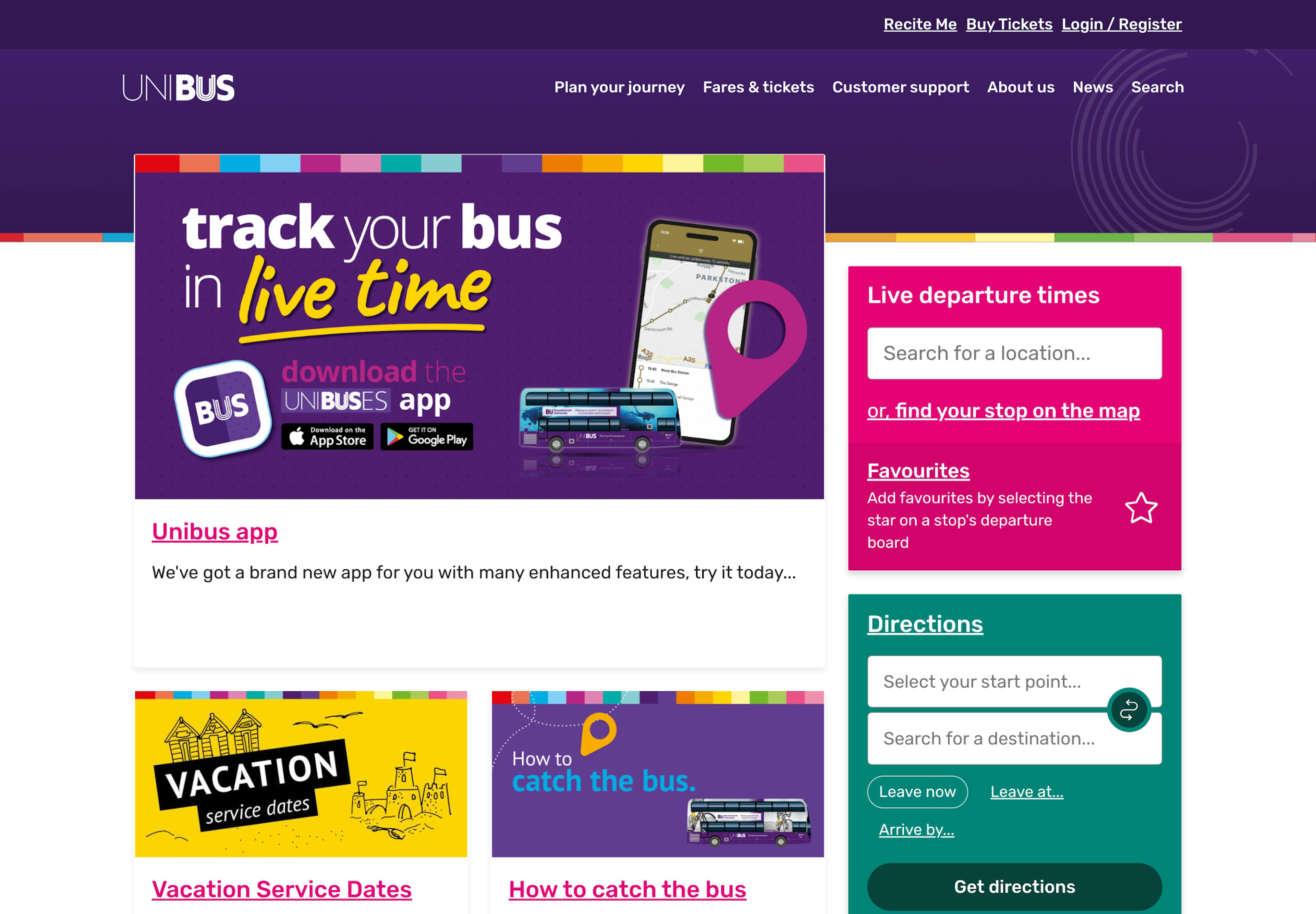 A screenshot of the Unibuses homepage