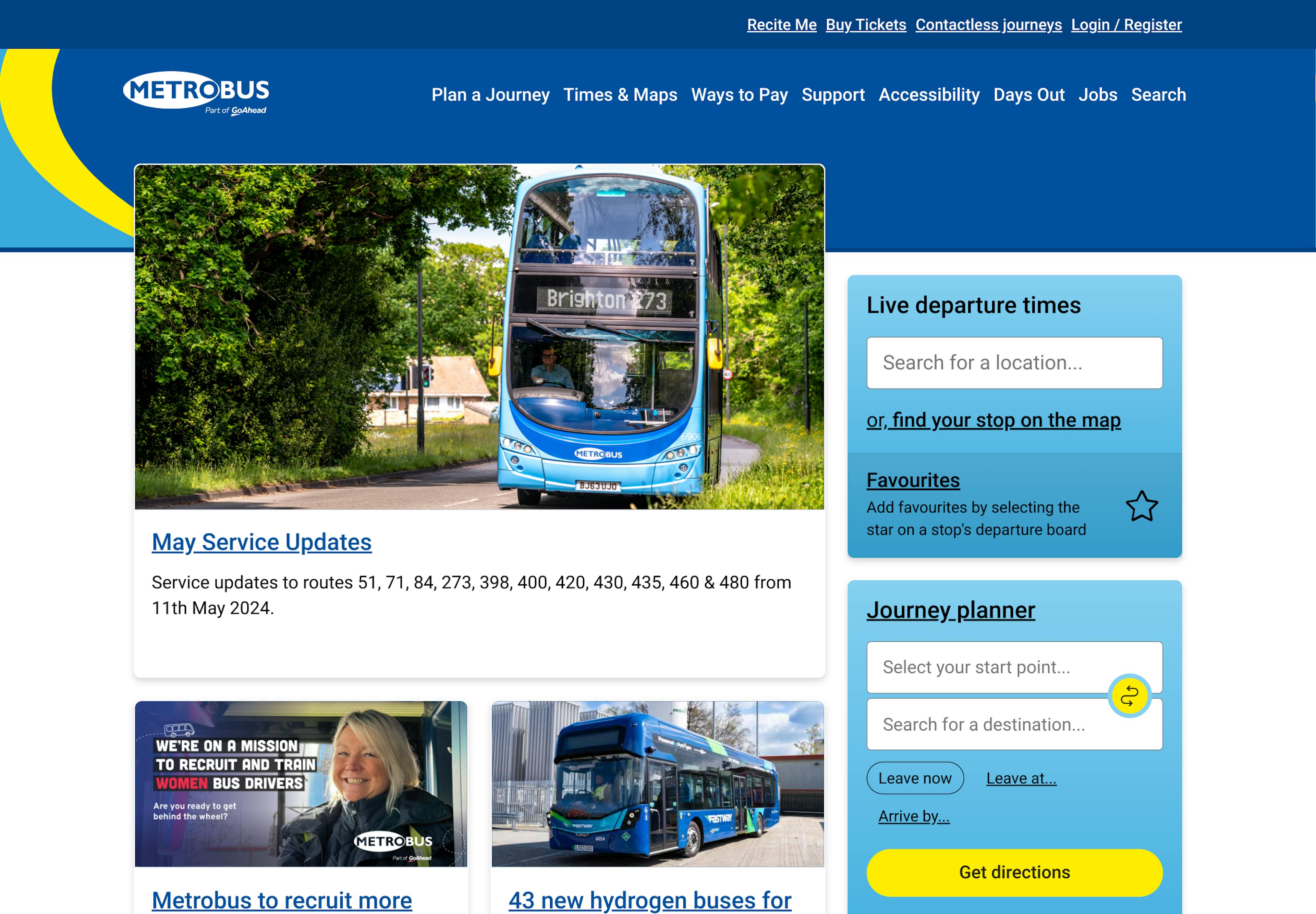 A screenshot of the Metrobus homepage