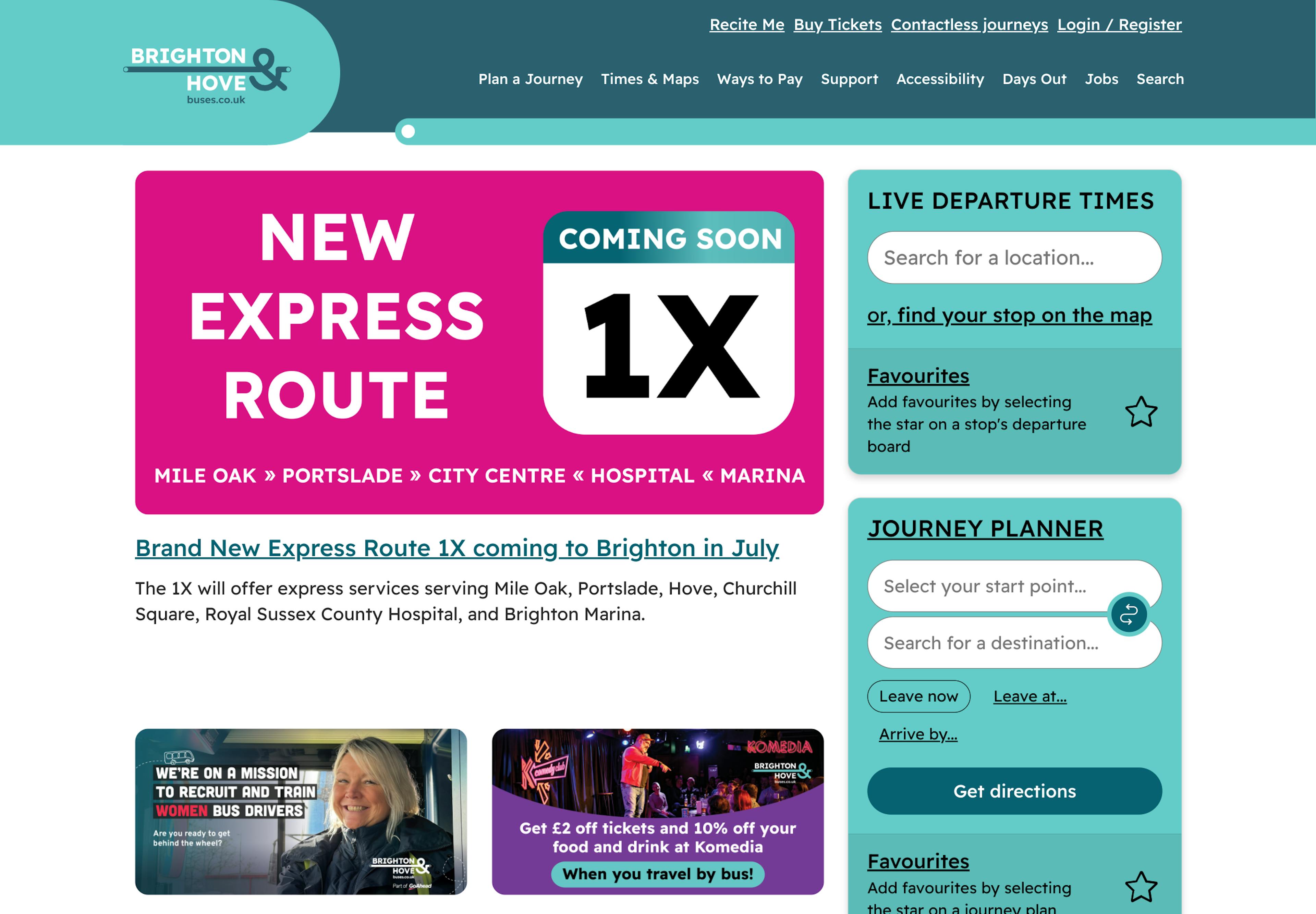 A screenshot of the Brighton & Hove Buses homepage