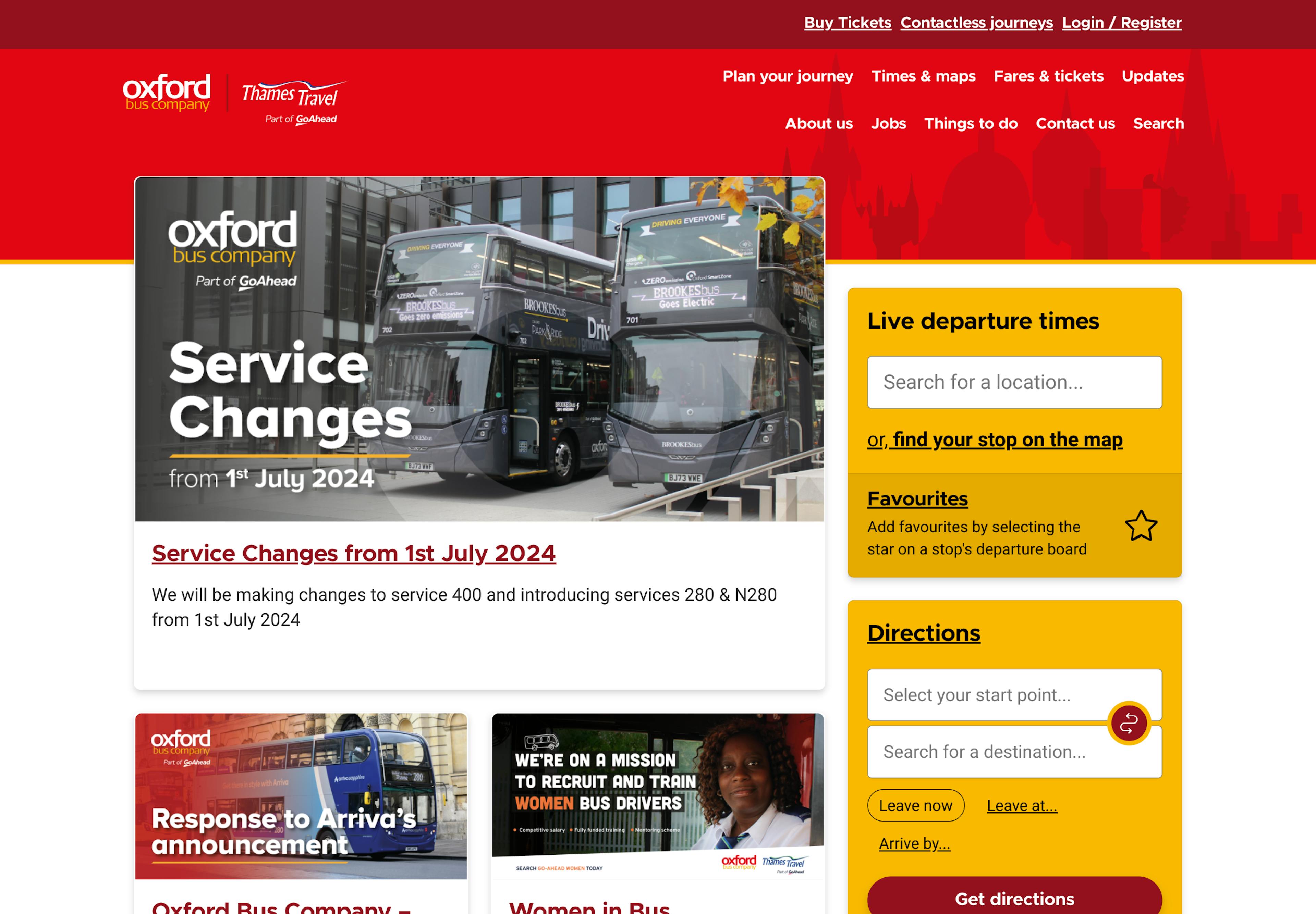 A screenshot of the Oxford Bus homepage