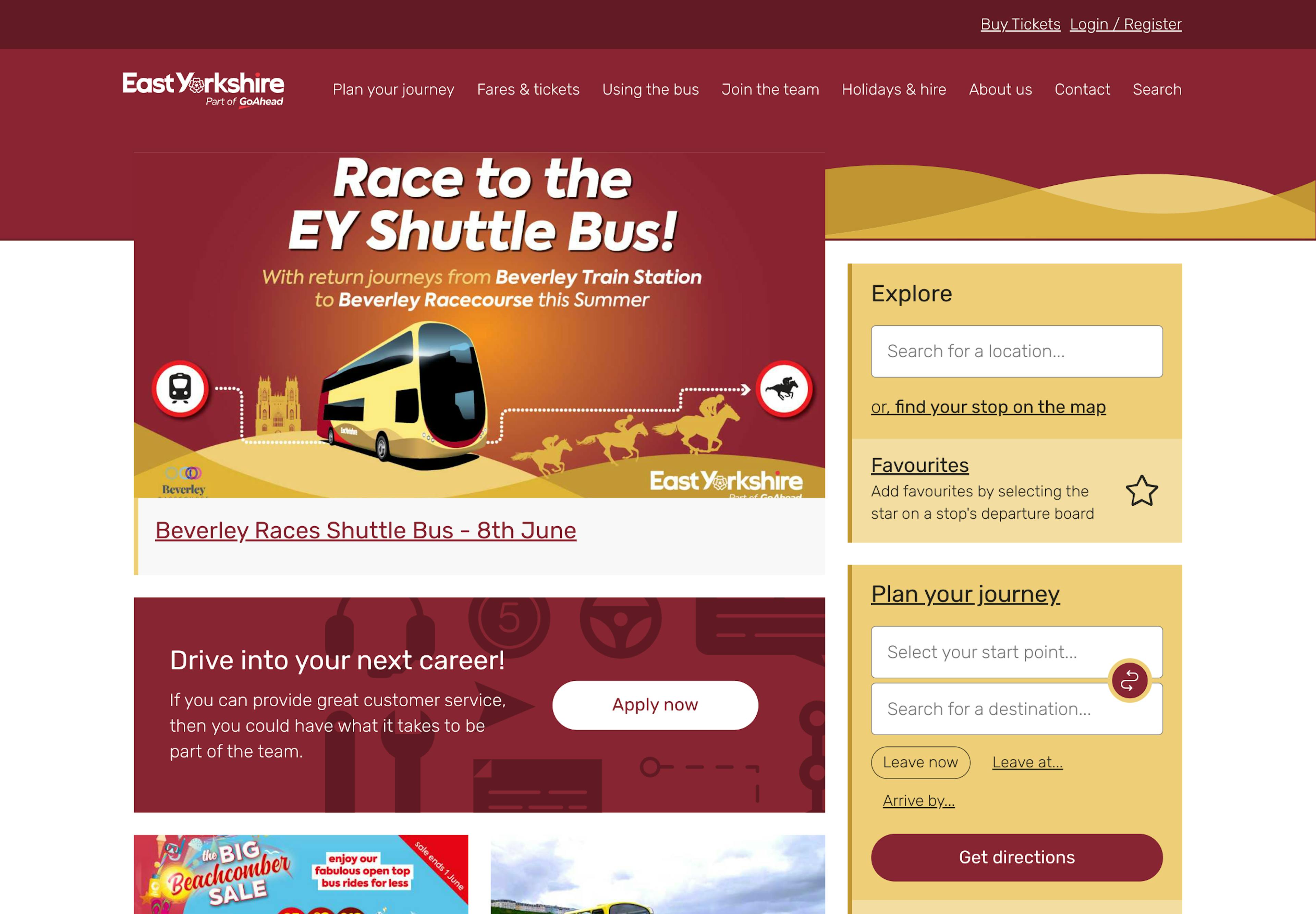 A screenshot of the East Yorkshire Bus homepage