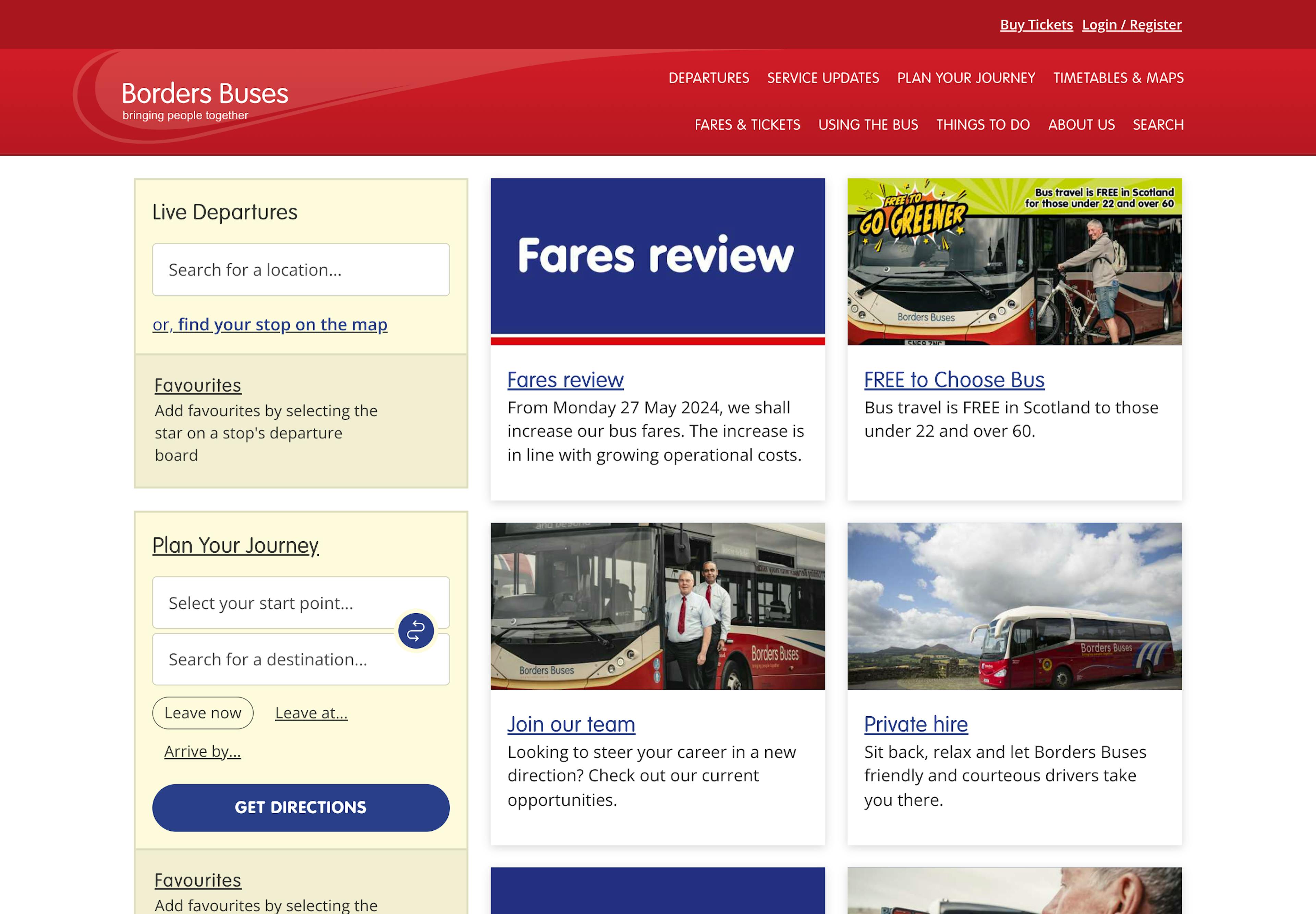 A screenshot of the Borders Buses homepage