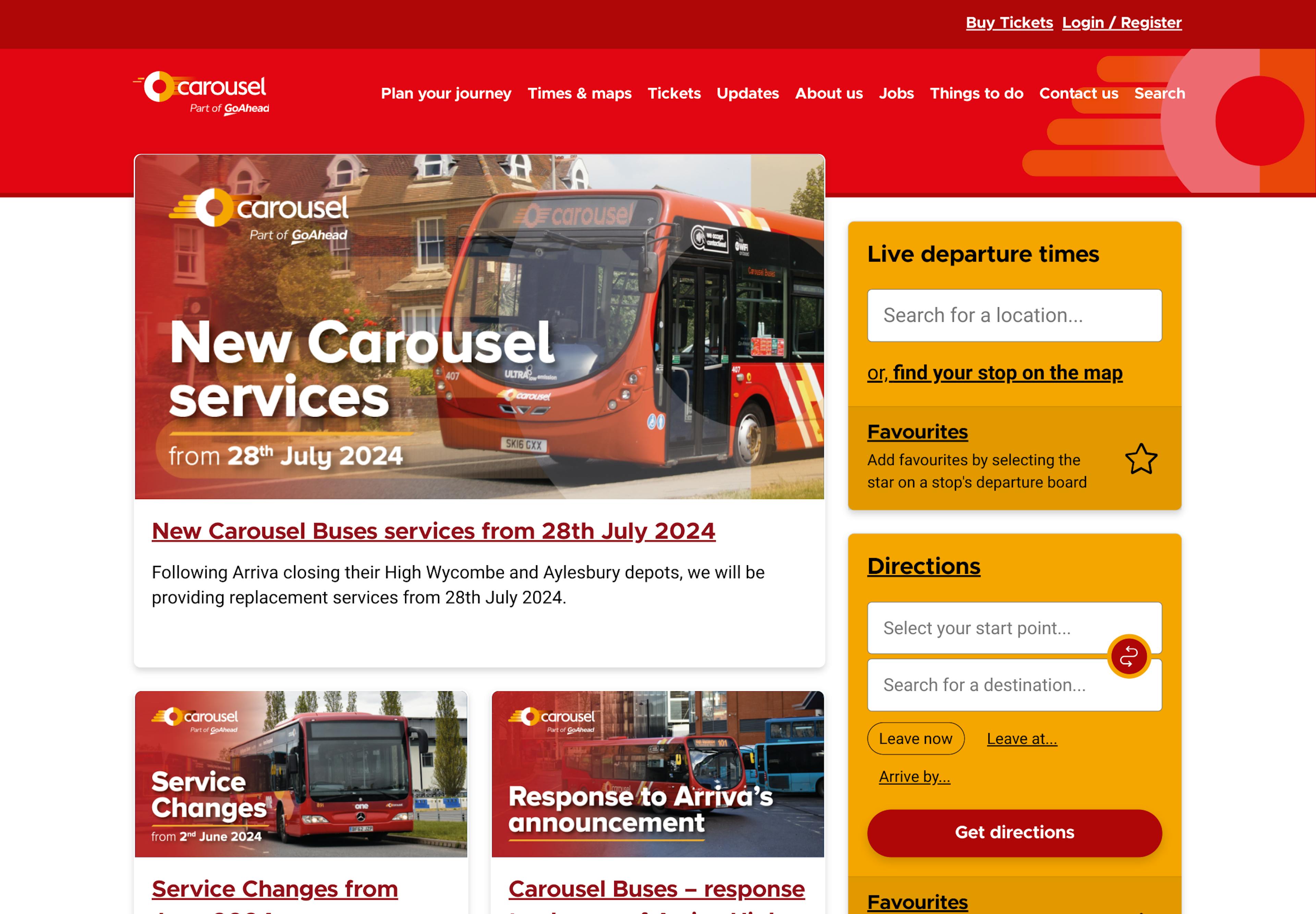 A screenshot of the Carousel Buses homepage