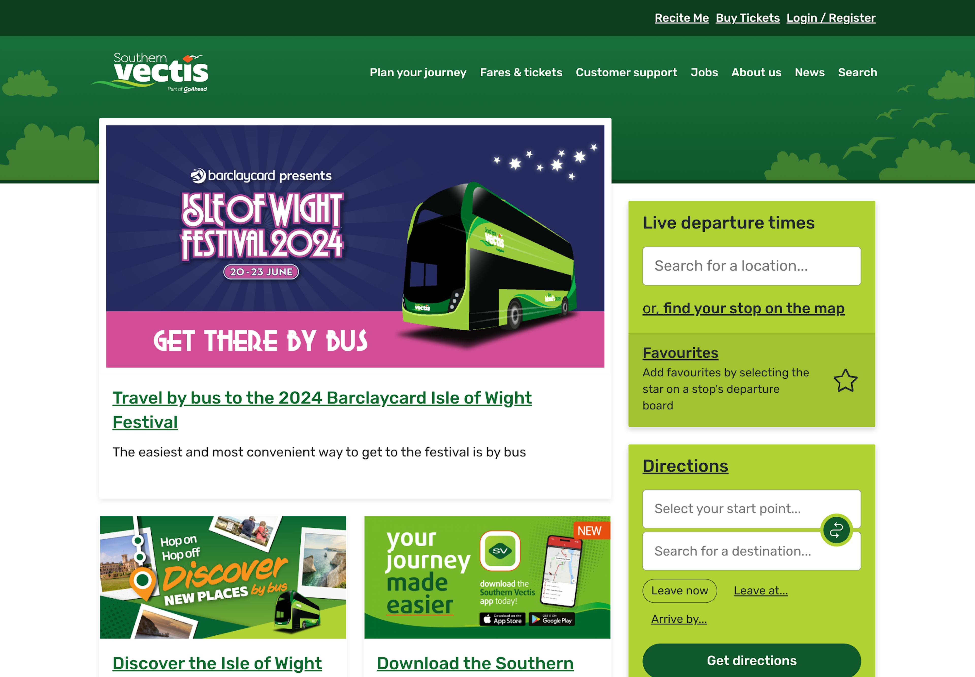 A screenshot of the Southern Vectis homepage