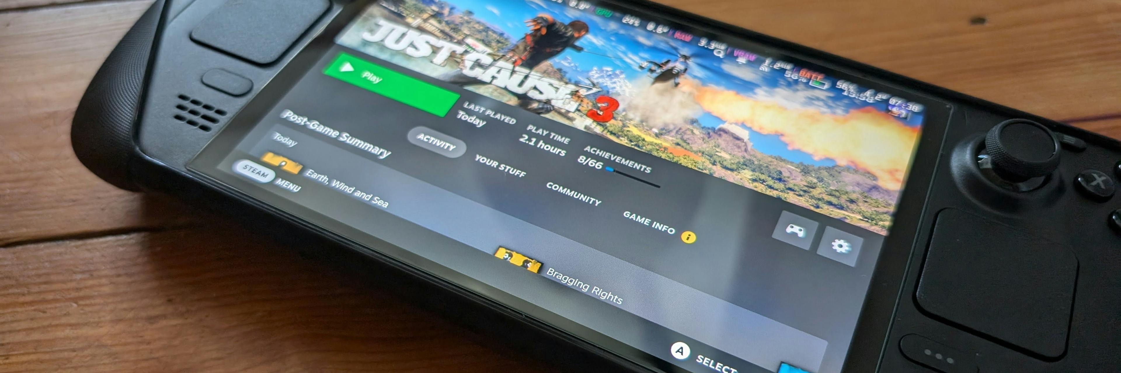 Close up of the Steam Deck, showing the Steam UI focused on Just Cause 3