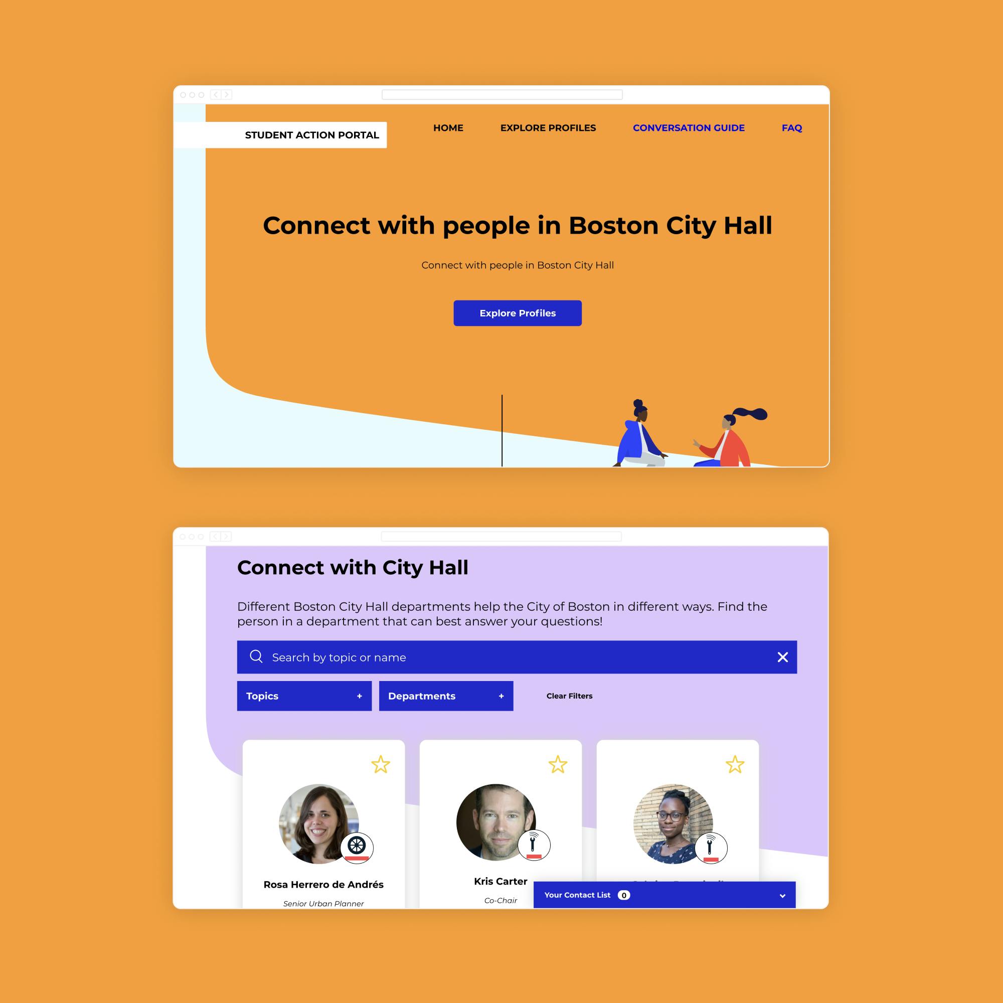 A thumbnail showing screens of the student action portal on an orange background