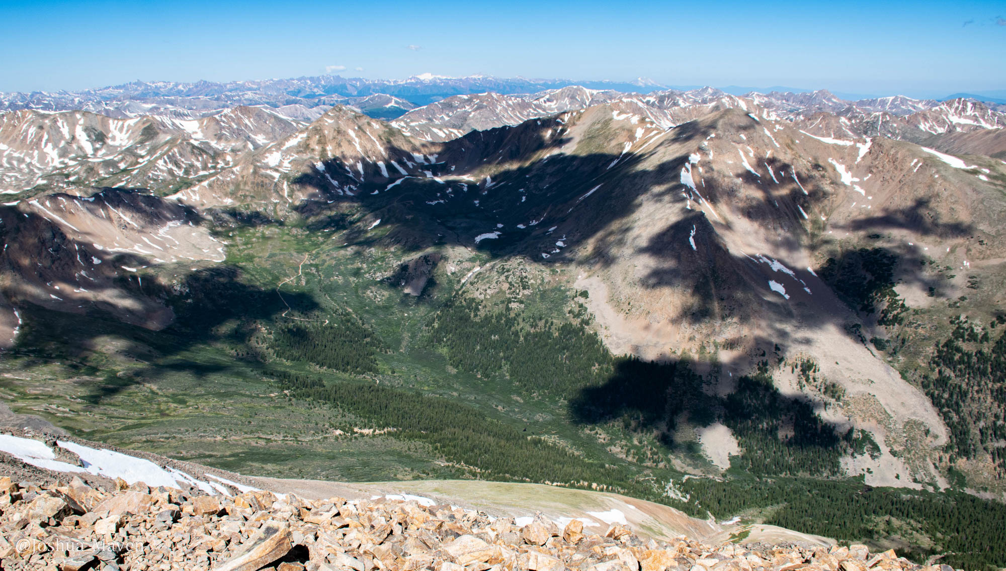 The Rocky Mountains from the top of Mt. Elbert, Colorado.