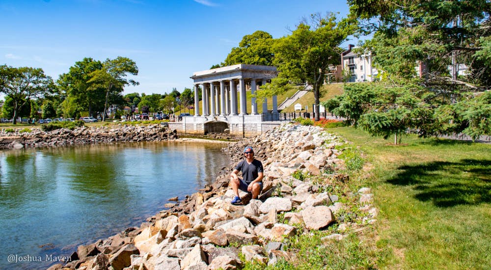 Plymouth Harbor and the site where the Pilgrims arrived on the Mayflower.
