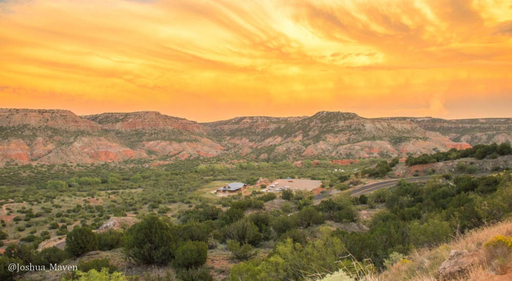Views from a pullout on the drive into Palo Duro Canyon, TX. The gold sky above the red-canyon walls was quite the site.