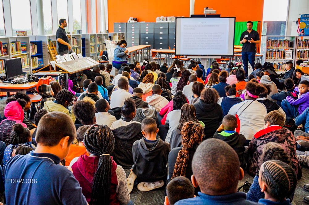 Here's a picture of a typical Maven's Milestones presentation at Van Zandt-Guinn Elementary School in Fort Worth.