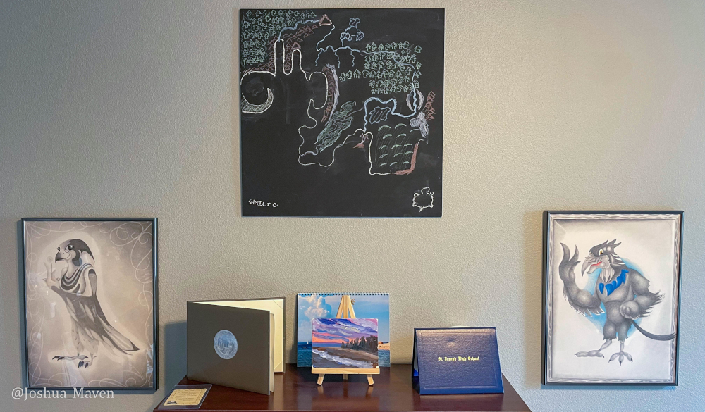 Here's my Maven Wall. It's a work-in-progress with a chalkboard map that I reference when writing and a few charcoal drawings of two of my characters, Maven and Tallie. I will hang two tack boards, which I call vision boards, above the drawings. It will be good to see my goals daily. 