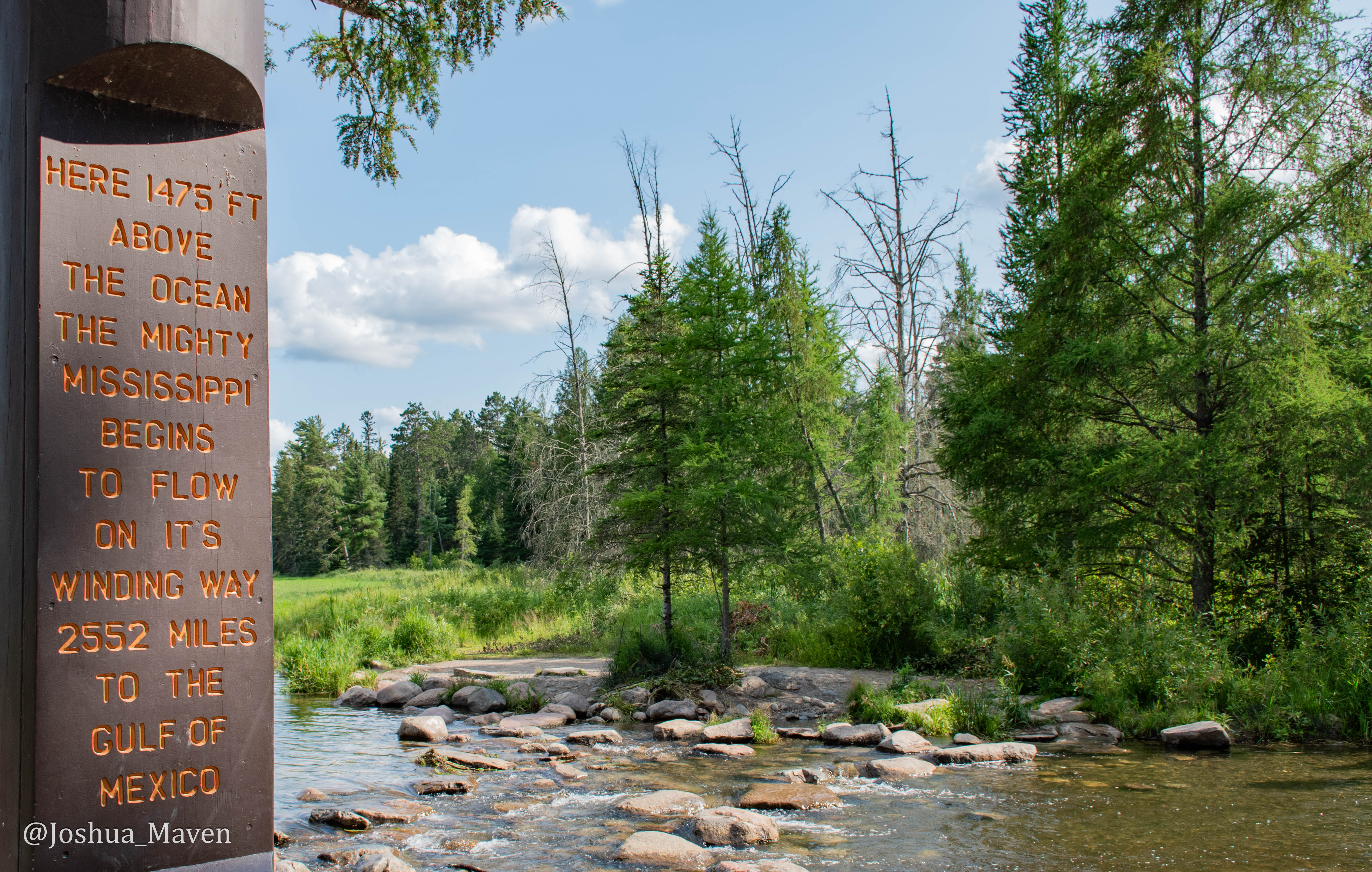 Here, at Lake Itasca, you can cross the Mississippi by walking along a little rock dam. The river then begins its long journey south through 10 states until it reaches the Gulf of Mexico.