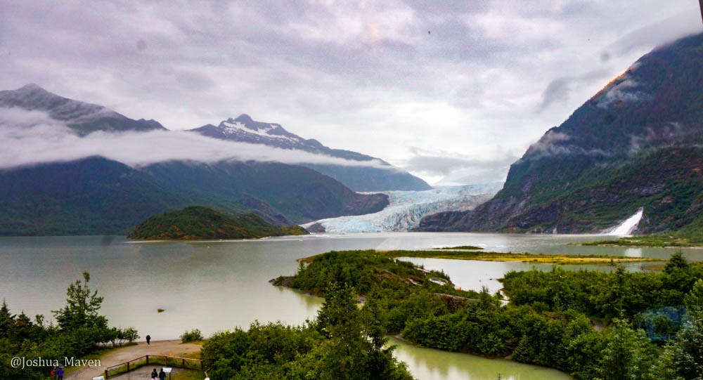 A panoramic view of Mendenhall Glacier. The glacier is one of 38 located in the Juneau icefield, which formed over 3,000 years ago.