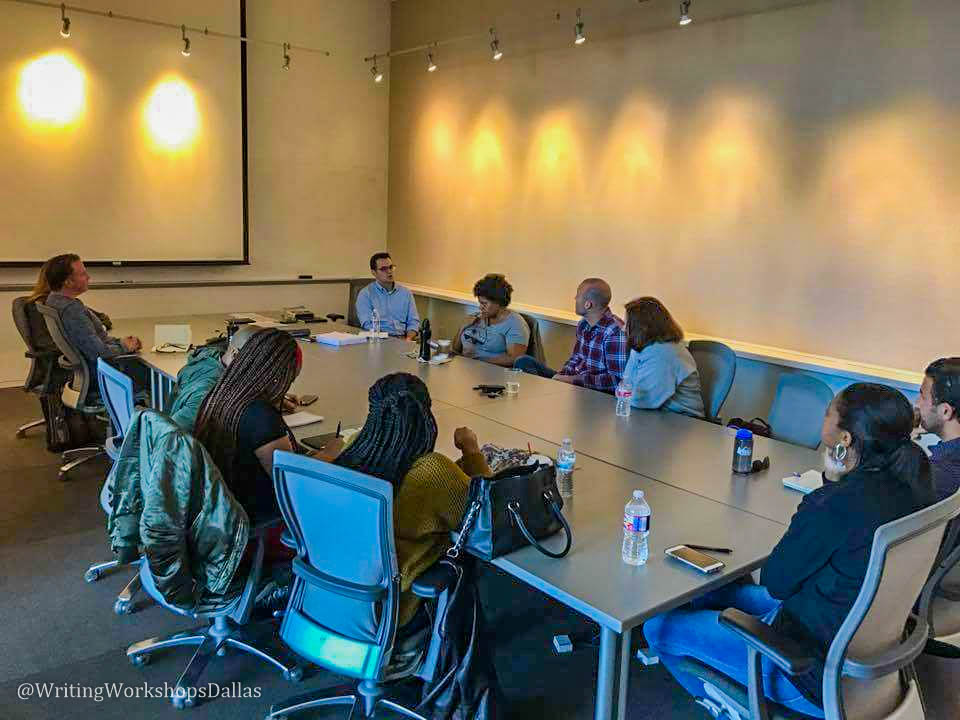 Author David Eric Tomlinson (top right) gives a presentation through Writing Workshop Dallas.