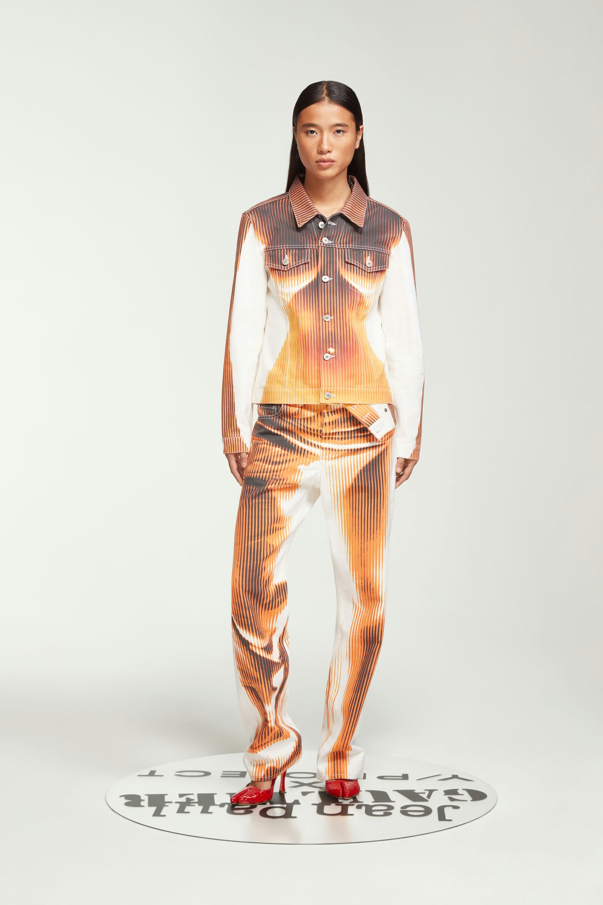The White & Orange Body Morph Fitted Denim Jacket by Jean Paul Gaultier x Y/Project