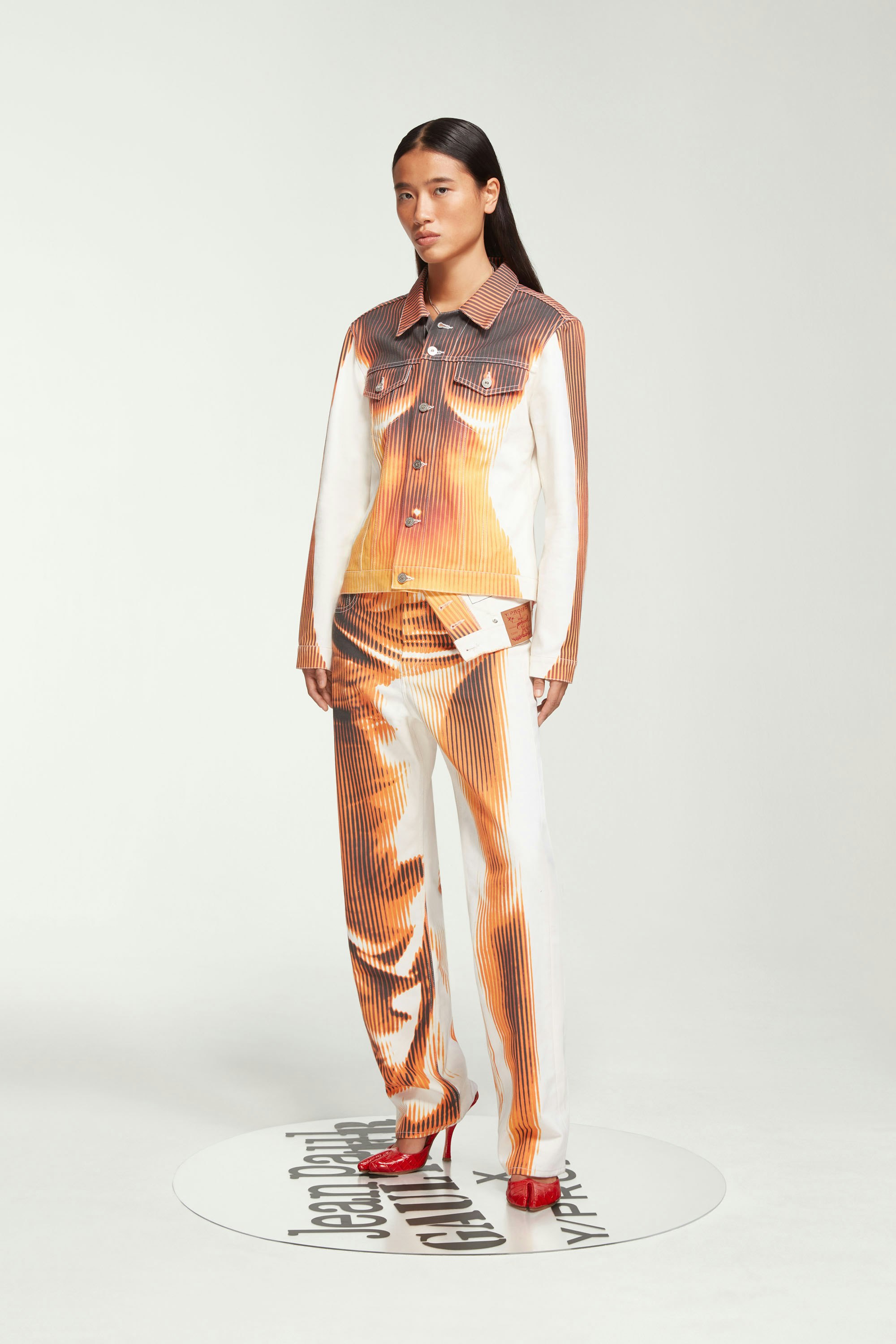 The White & Orange Body Morph Fitted Denim Jacket by Jean Paul Gaultier x Y/Project