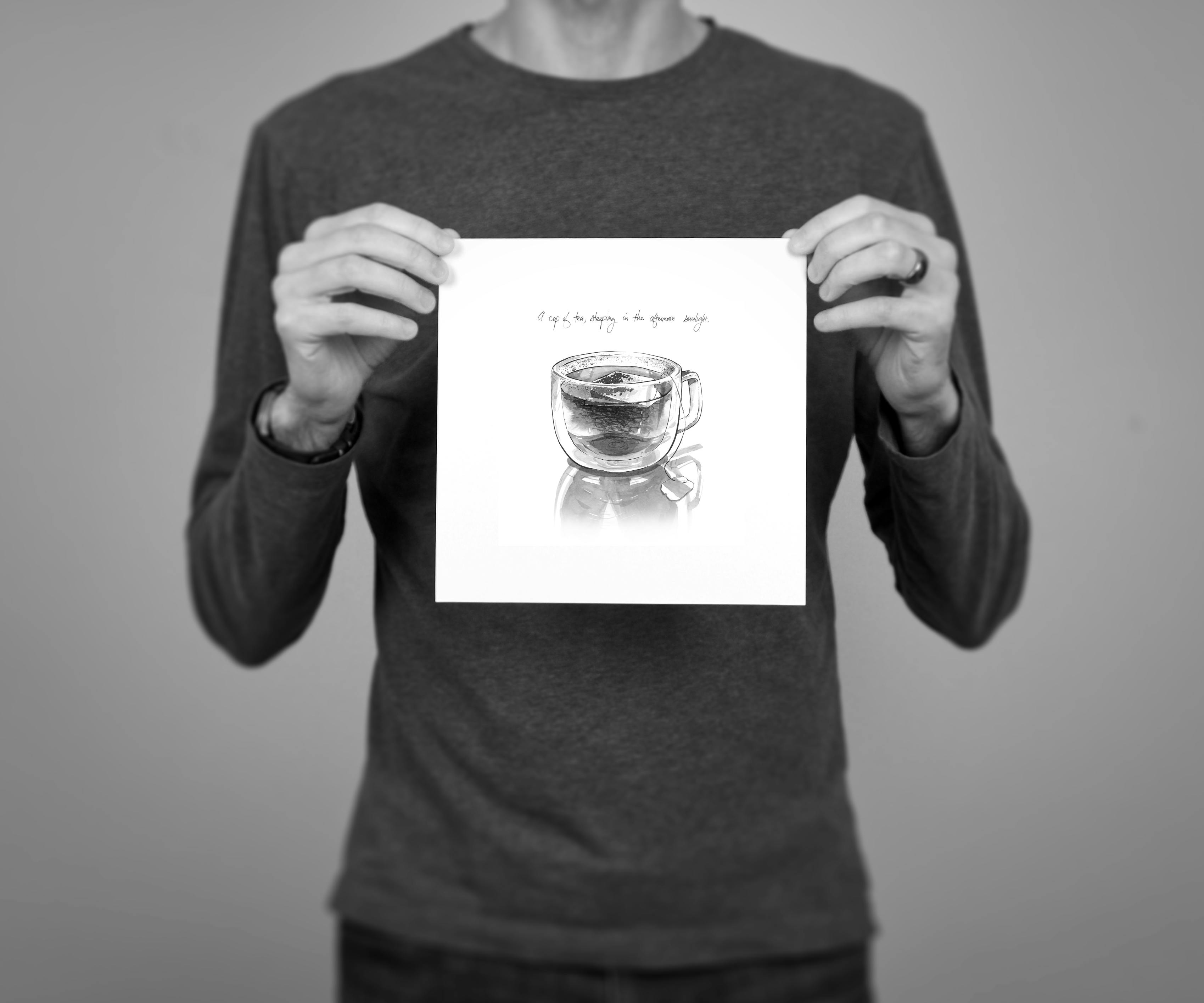 6 x 6” giclée print of “A cup of tea”, an ink wash drawing