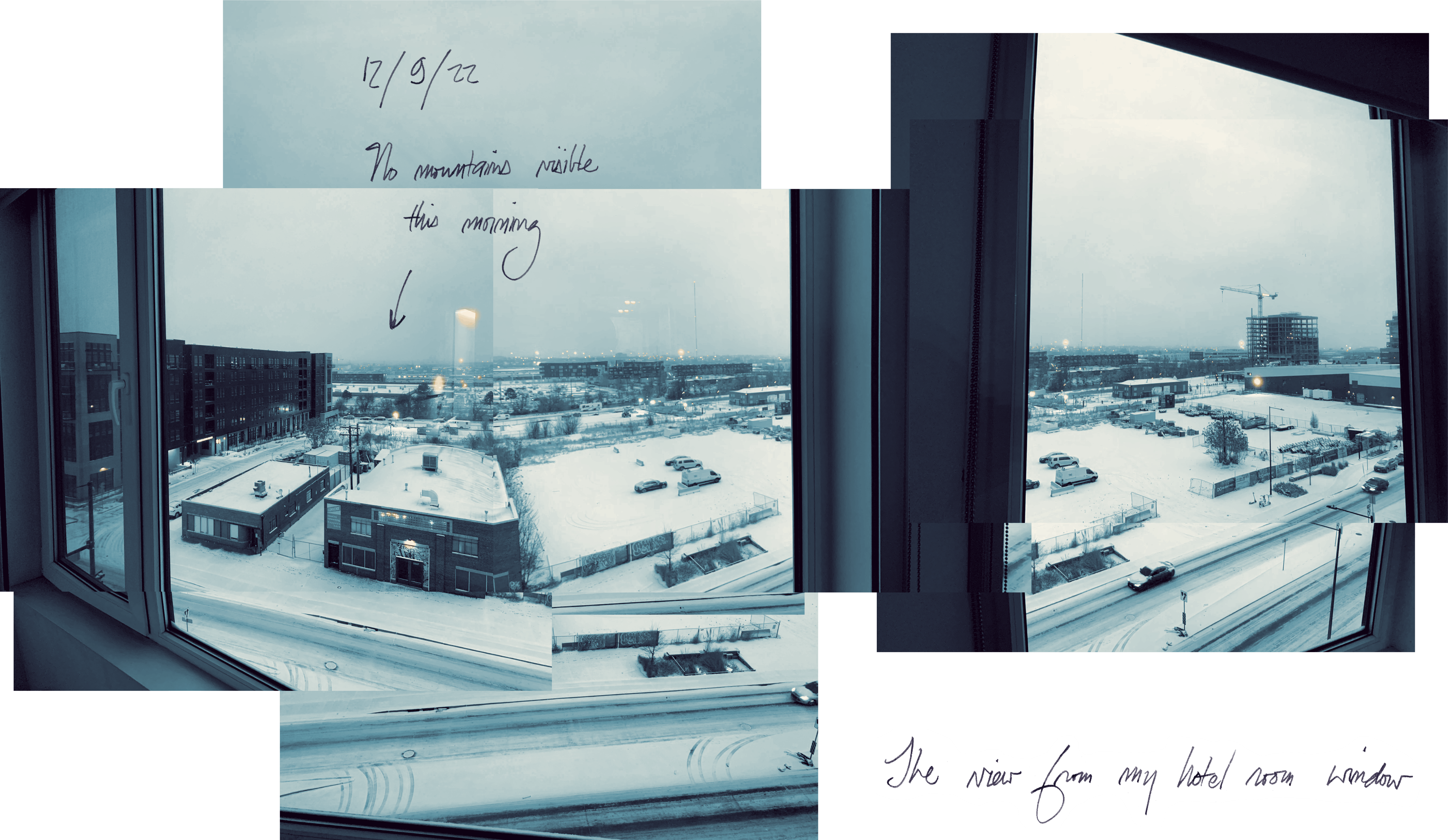 Photo collage: The view from my hotel room. No mountains visible this morning.