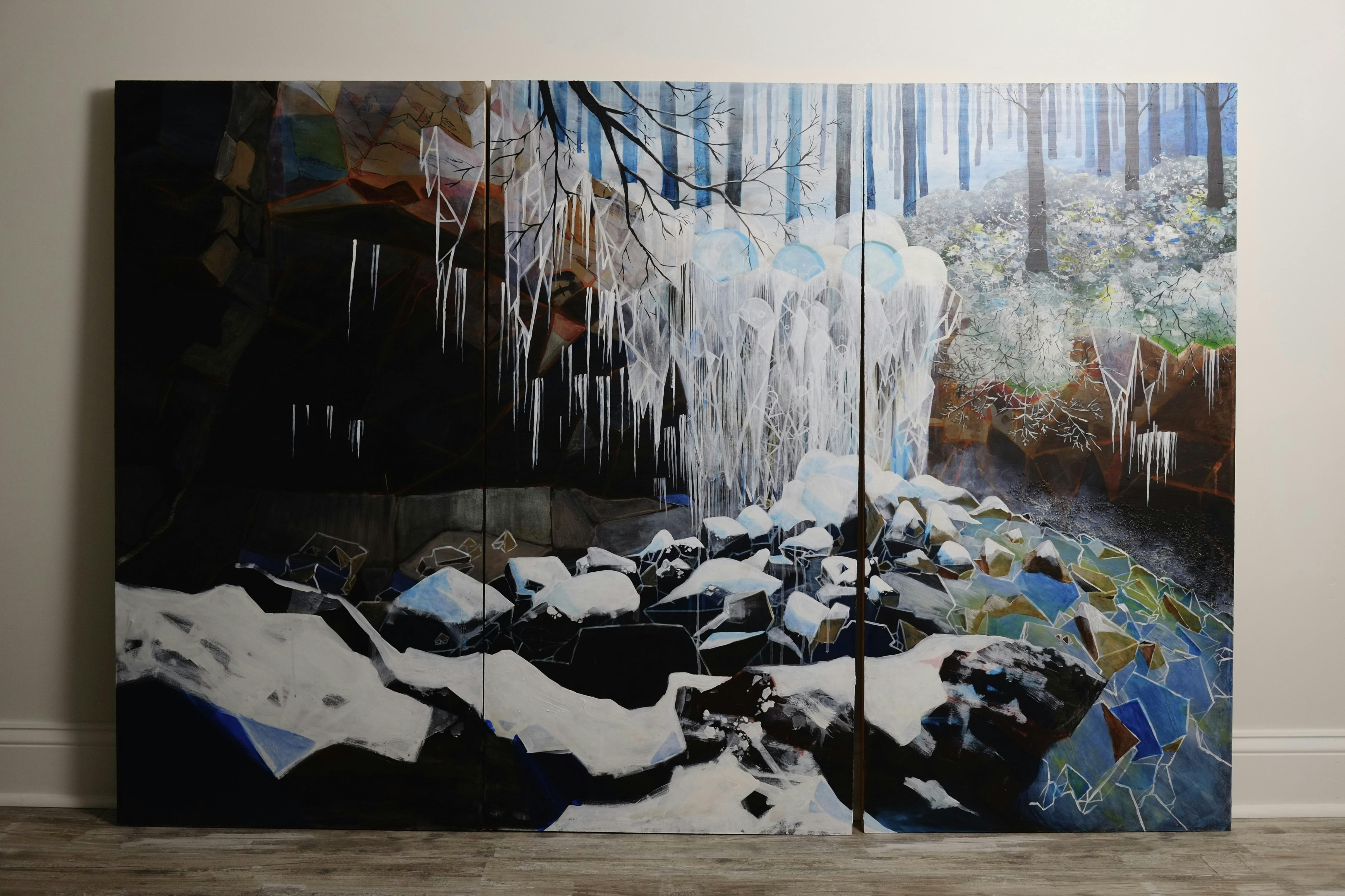 A photo of Frozen Waterfall, a triptych on panels painted in acrylic and ink.