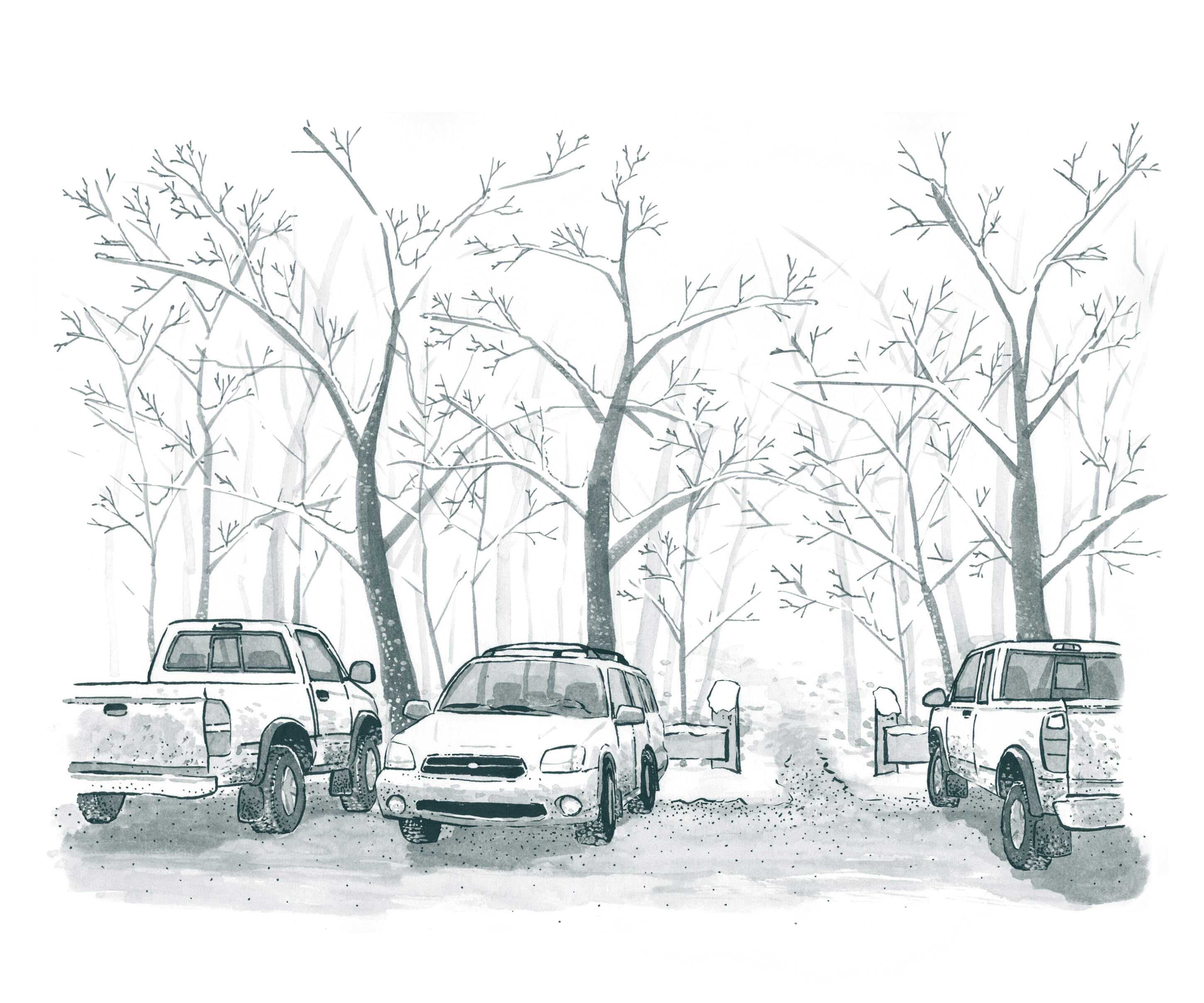 Ink wash drawing: cars and trucks parked in front of a trailhead. Snow-covered trees stretch overhead.