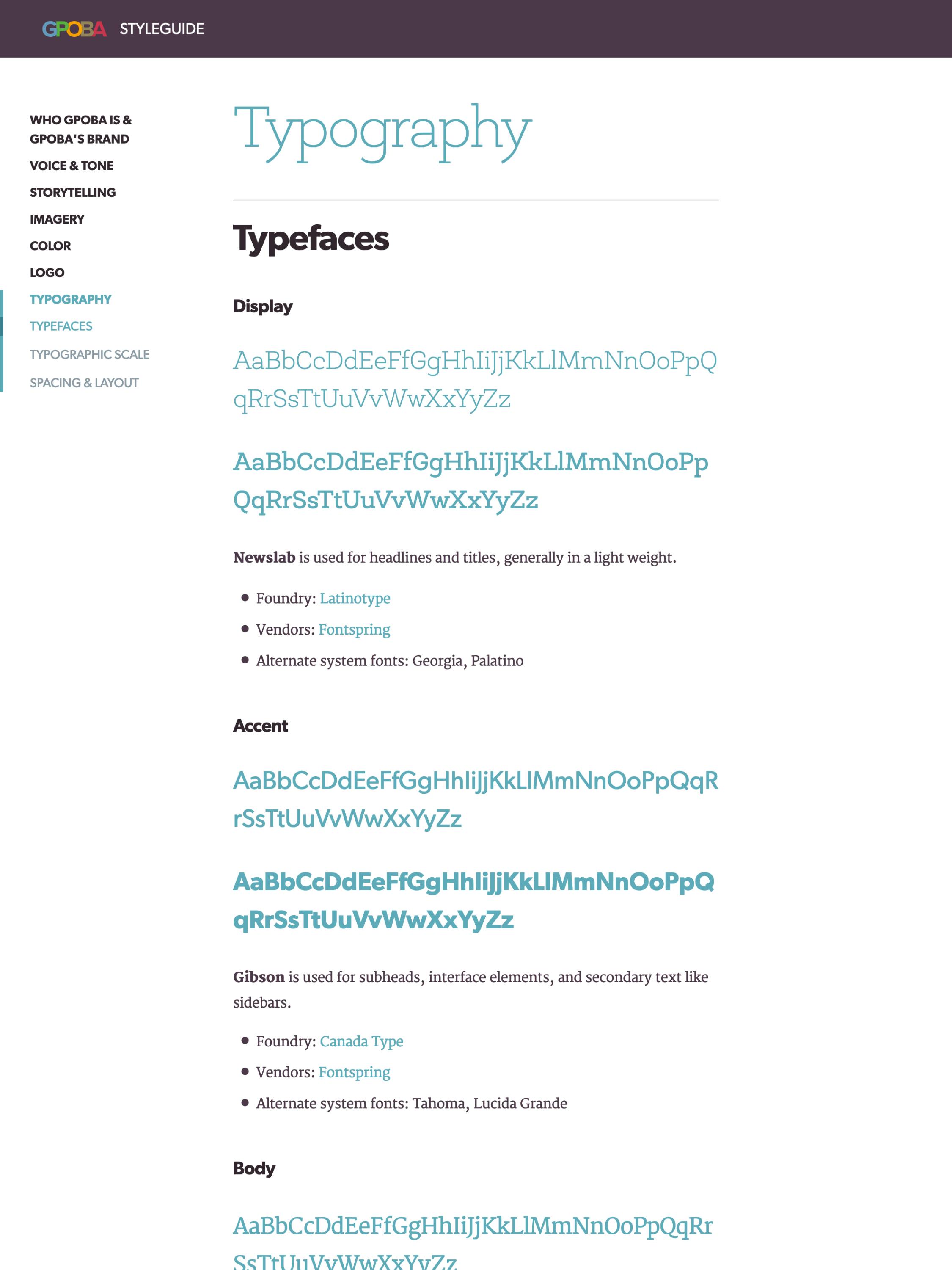 The typography page of the GPOBA brand styleguide