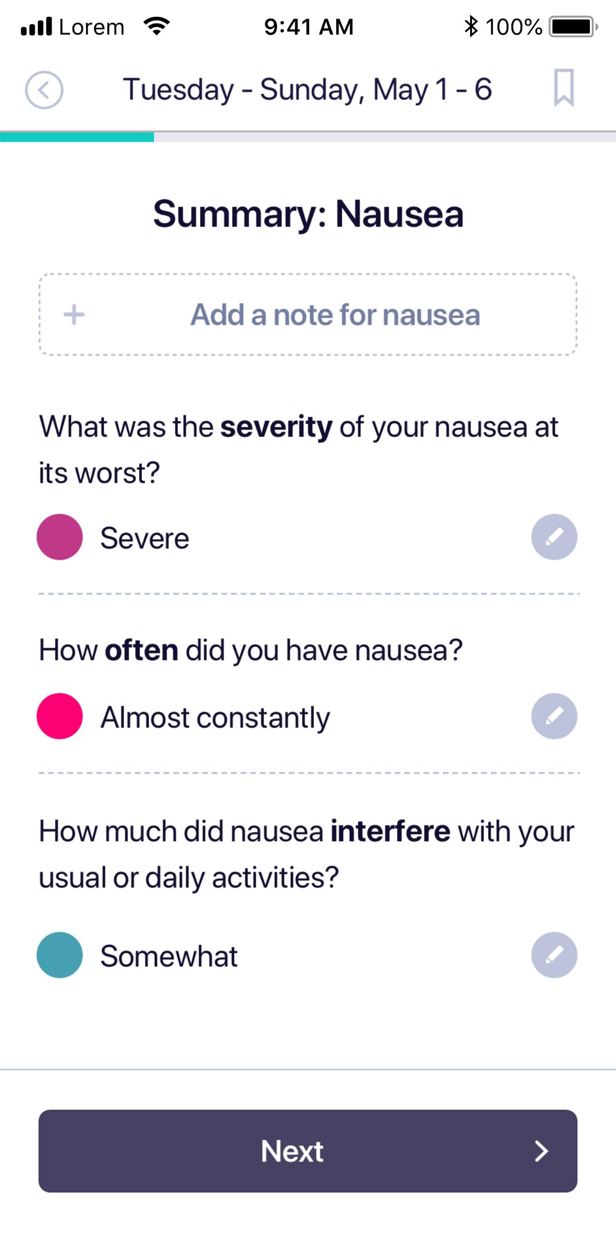The symptom summary screen in the Tela mobile app