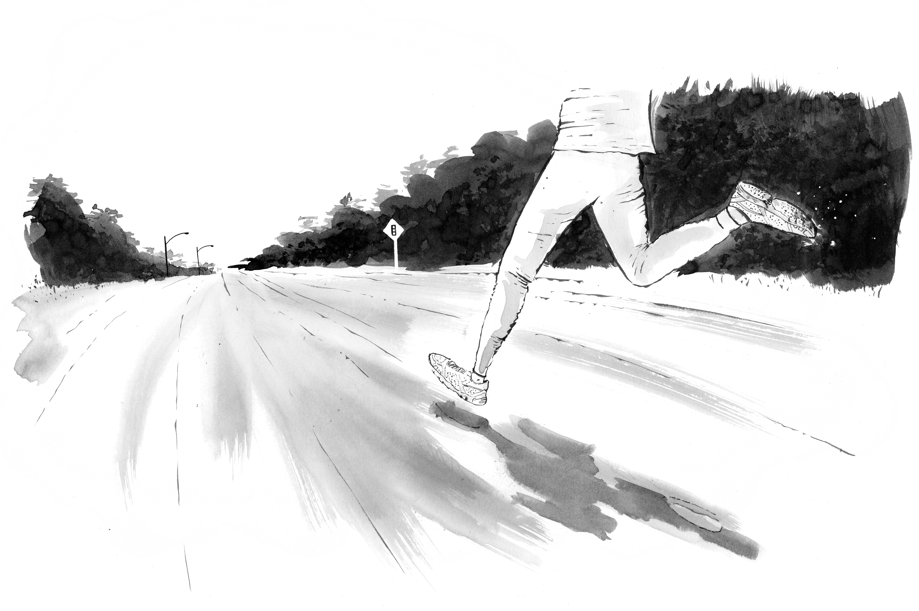 Ink wash drawing: running in the snow