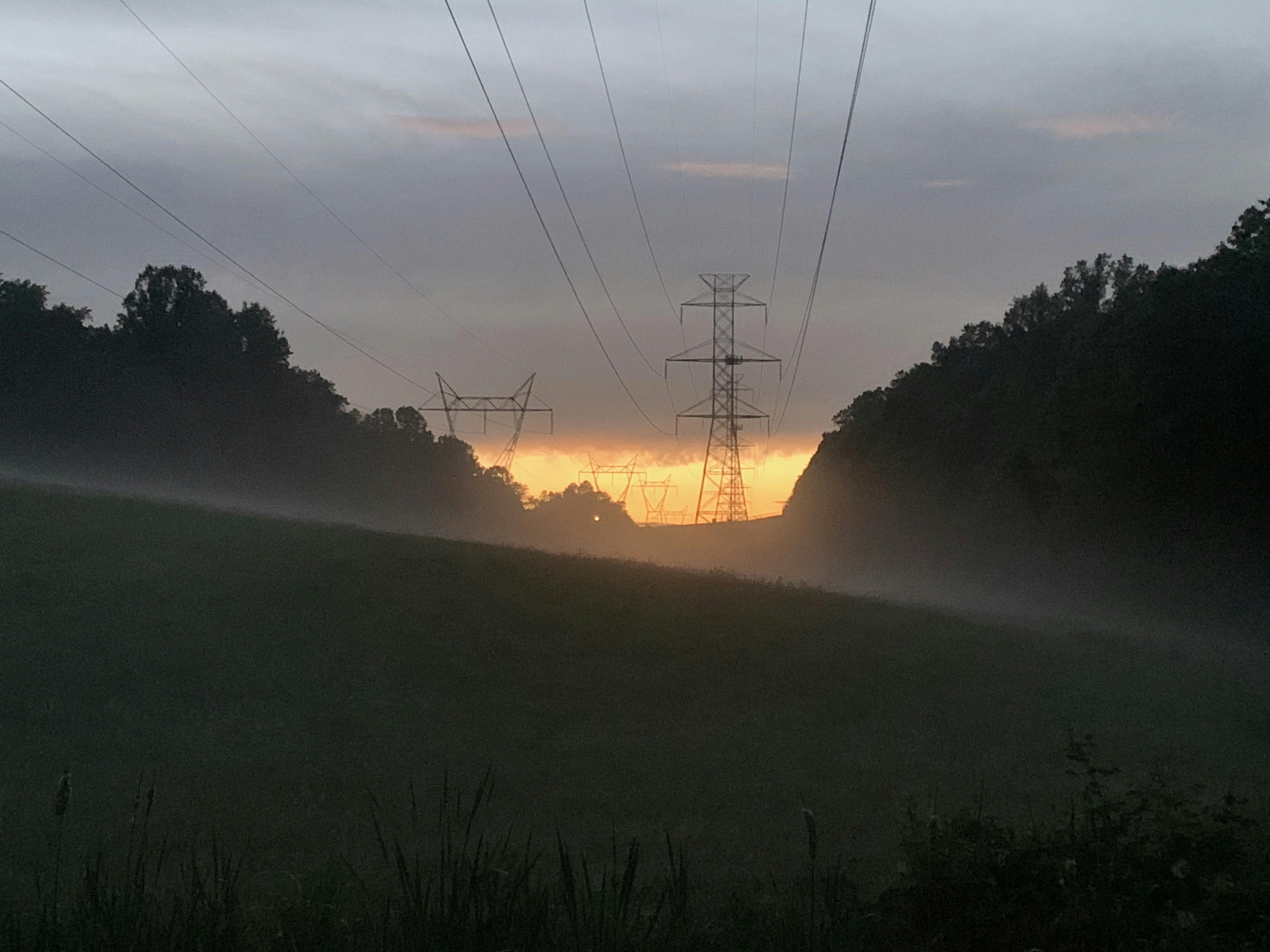 Fog settling in a hollow under power lines