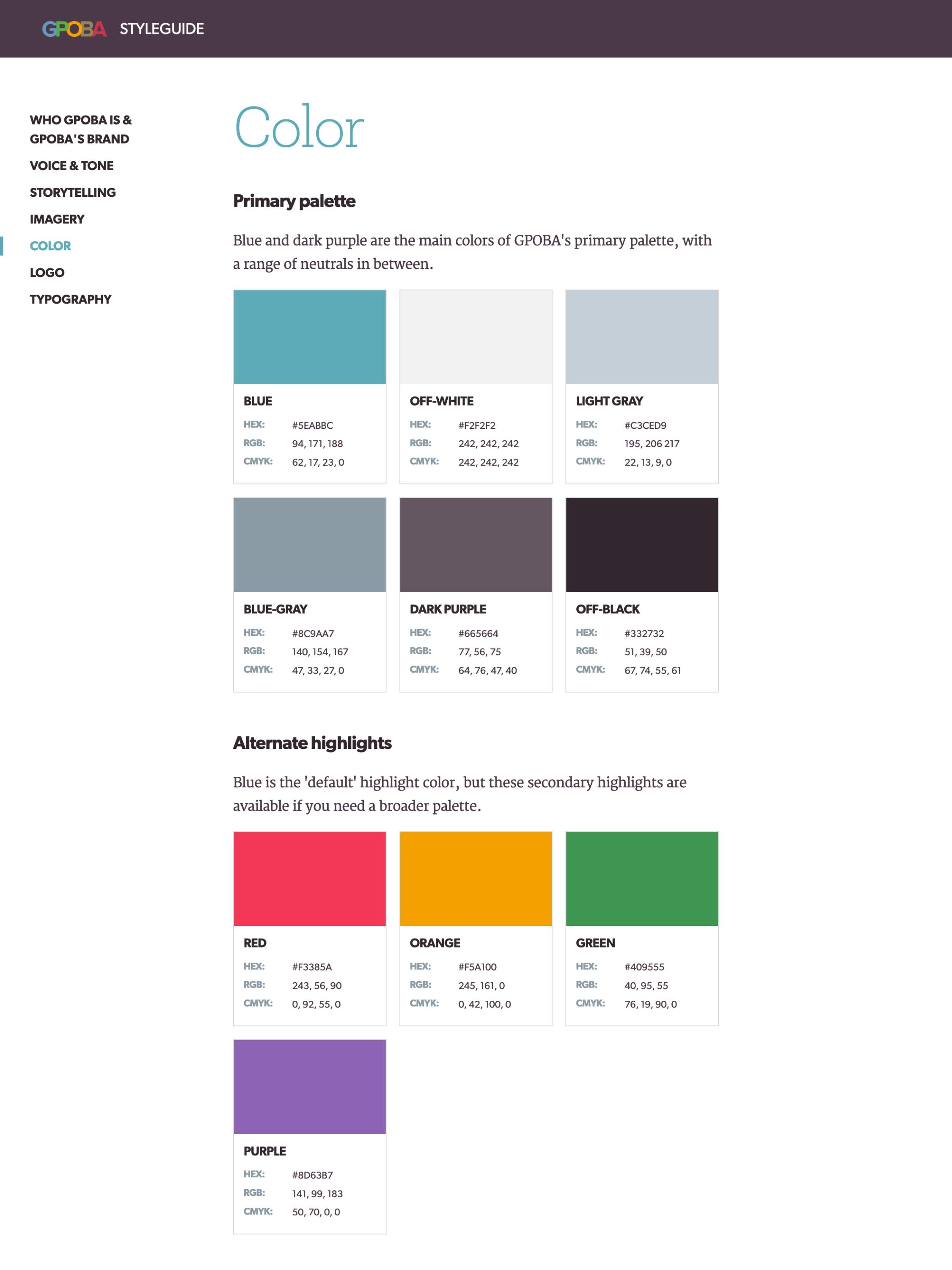The color palette page of the GPOBA brand styleguide