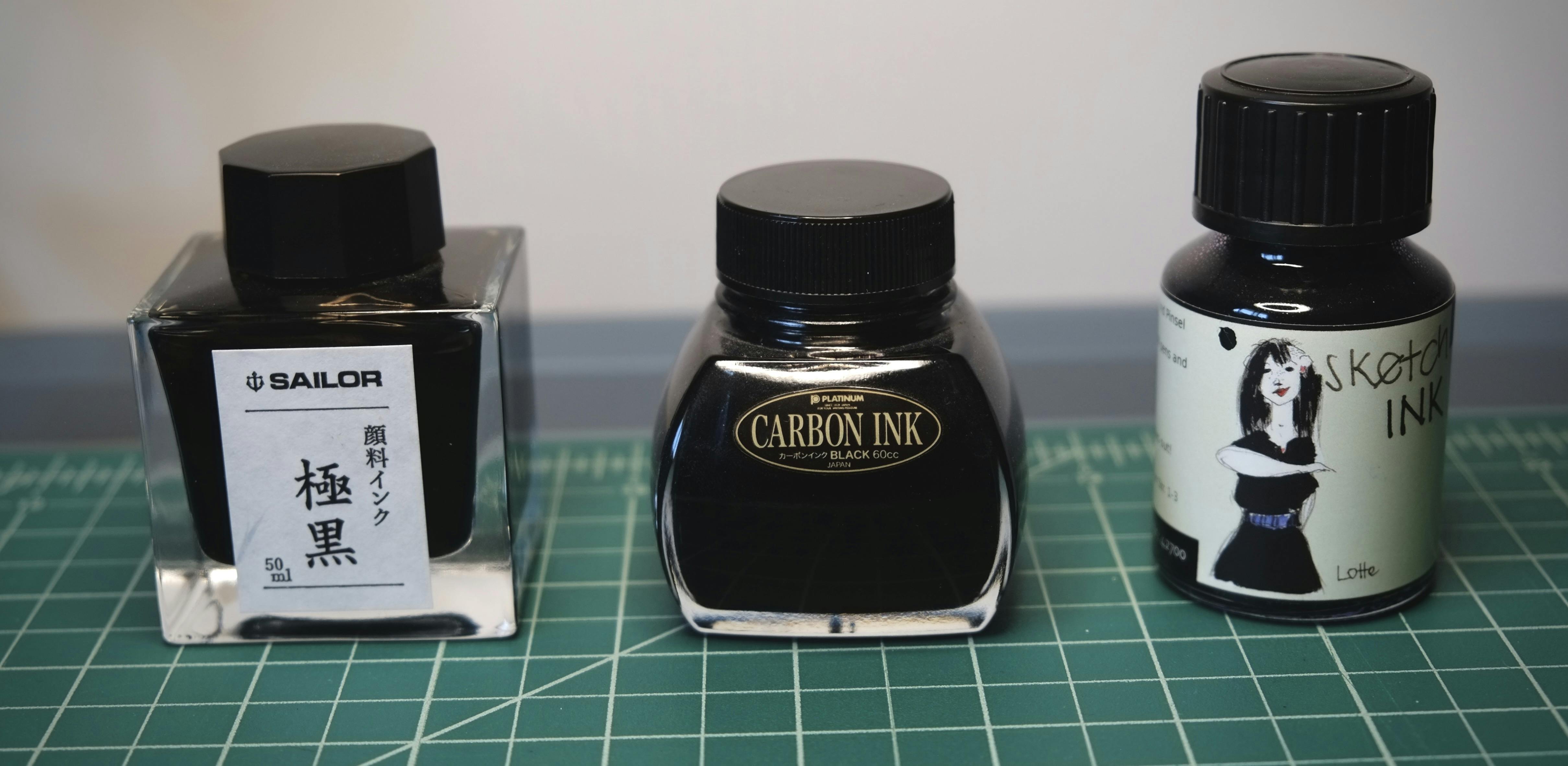 Bottles of pigment ink: Sailor Kiwaguro, Platinum Carbon Black, and Rohrer & Klingner's Sketch Lotte