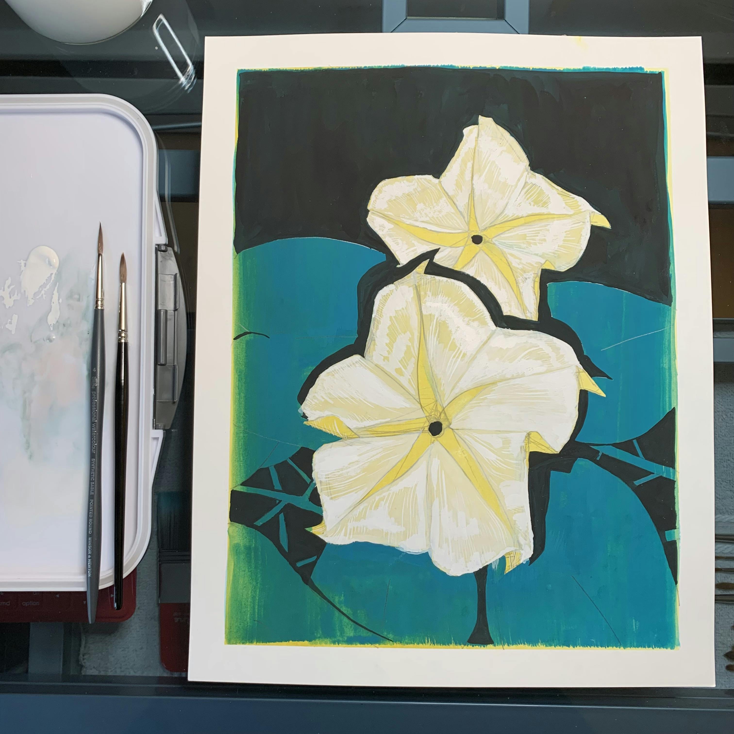 White highlights on the moonflower drawing