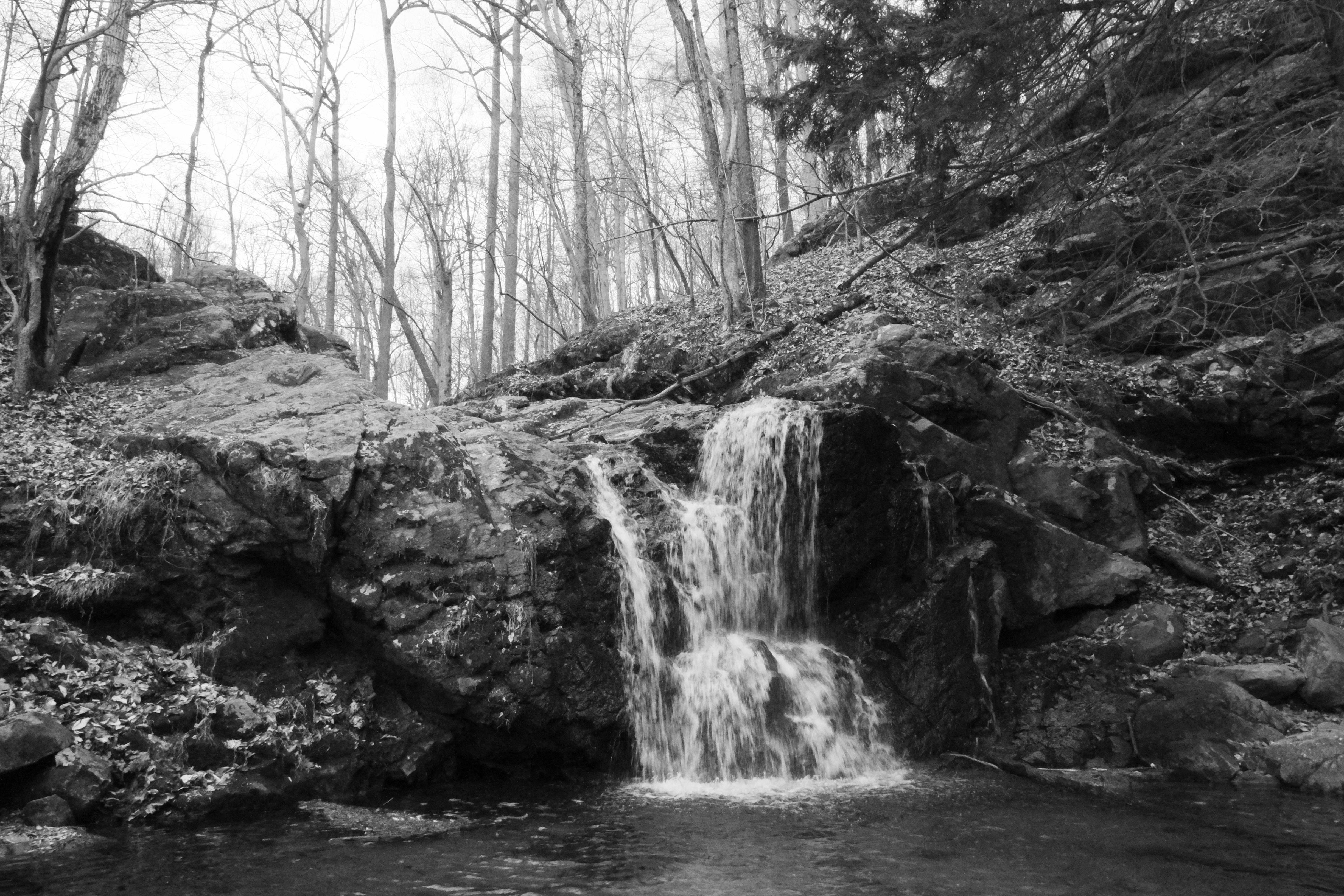 The base of Cascade Falls in Patapsco State Park in Maryland. A waterfall spills down rock formations into a pool below.