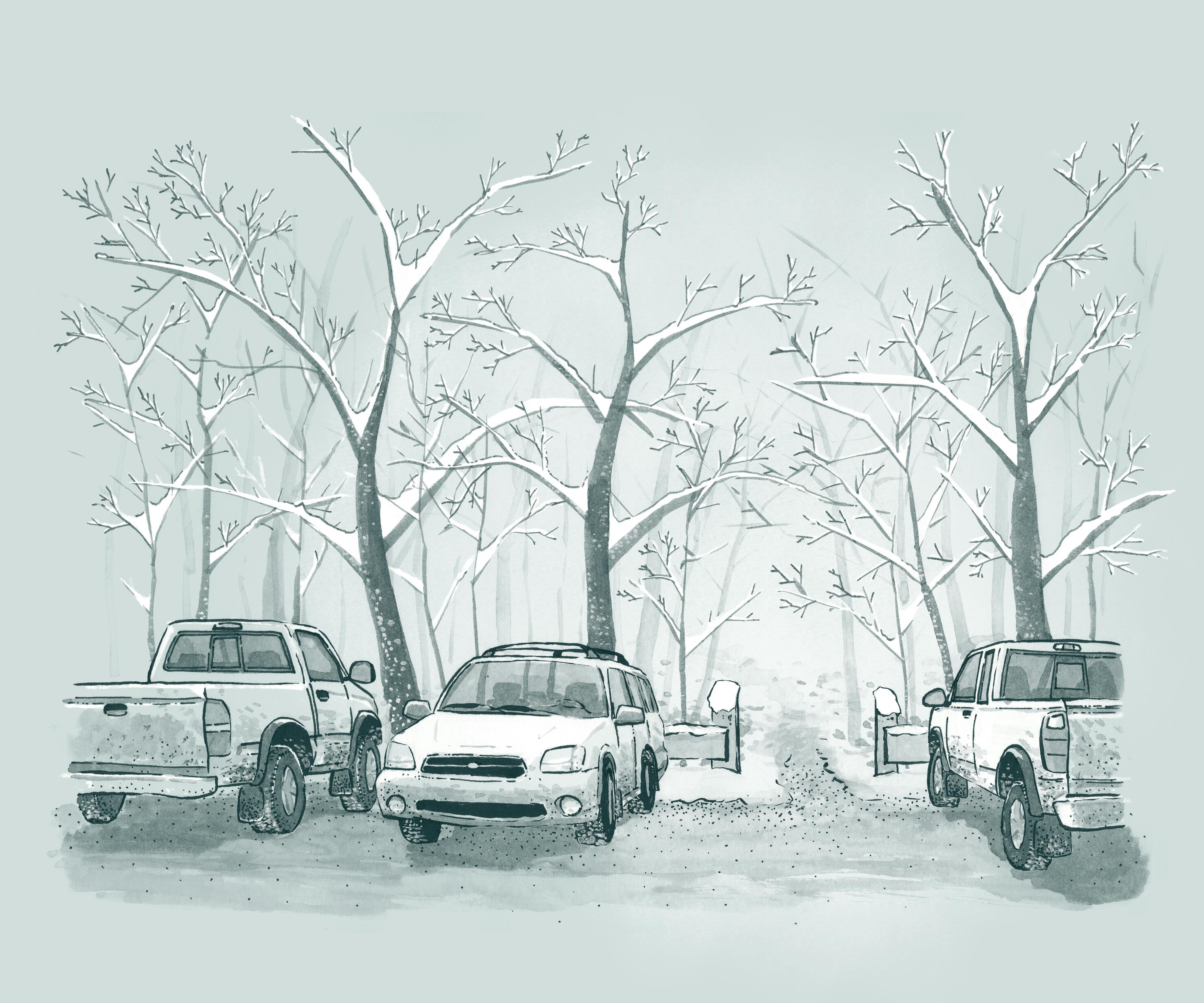 Ink wash drawing: cars and trucks parked in front of a trailhead. Snow-covered trees stretch overhead.