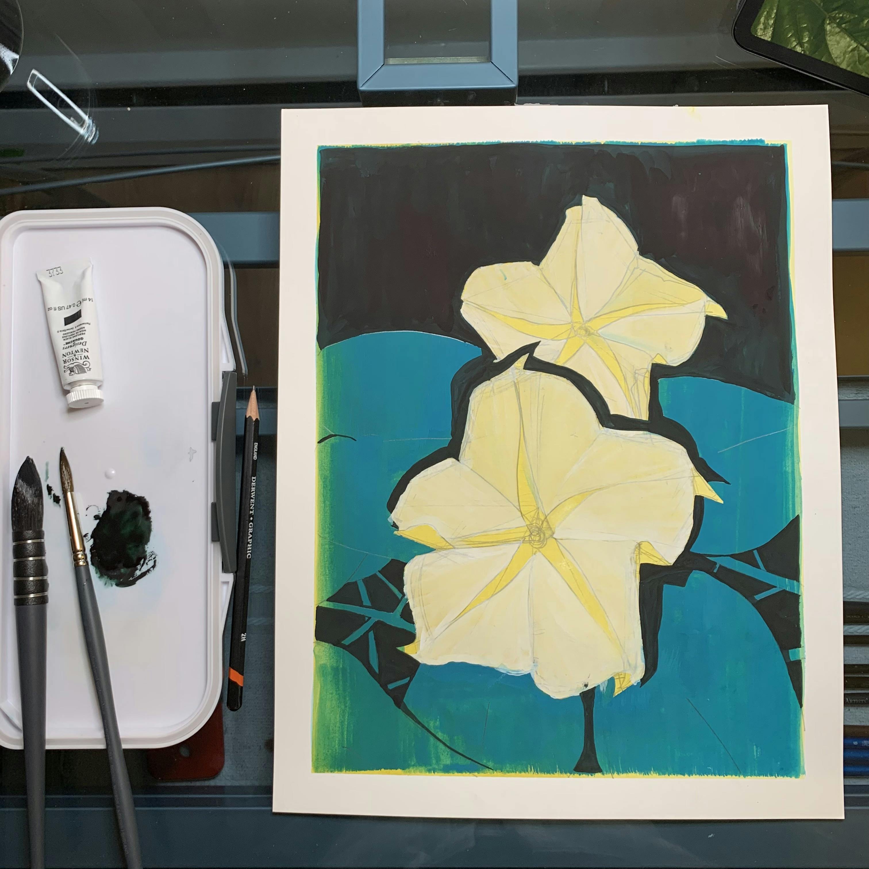The dark background and shadows in the moonflower drawing