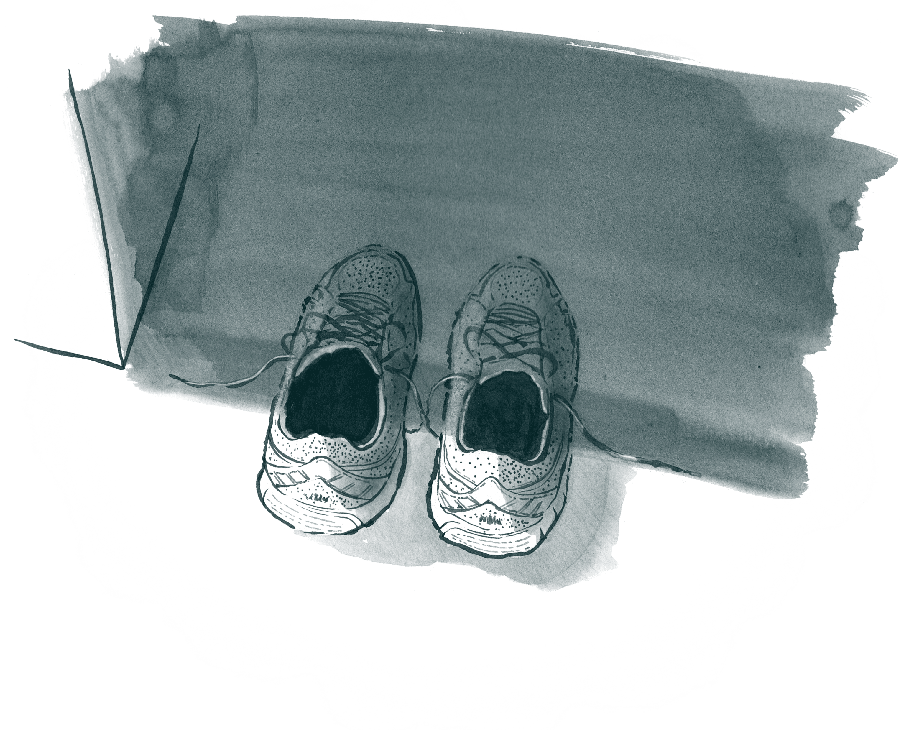 Ink wash drawing: running shoes in the closet, partially in shadow